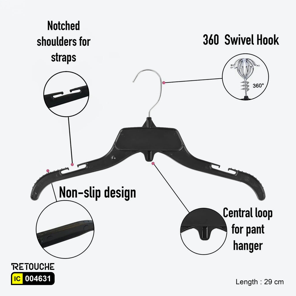 Black plastic hangers, Non-slip clothes hangers, Hangers with strap notches, Durable plastic hangers, Closet organization tools
Stylish black hangers, Non-slip hanger design
Plastic hangers for heavy garments, Versatile black hangers, Lightweight and strong hangers