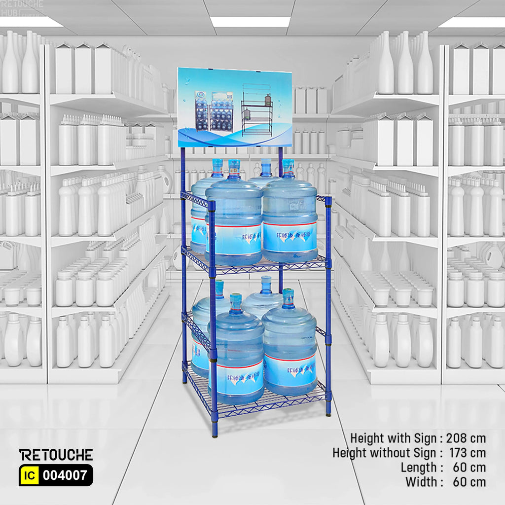 Shelving Rack for Water Bottles, 3 Tiers with Sign Holder, Metal, Blue Shelving Systems