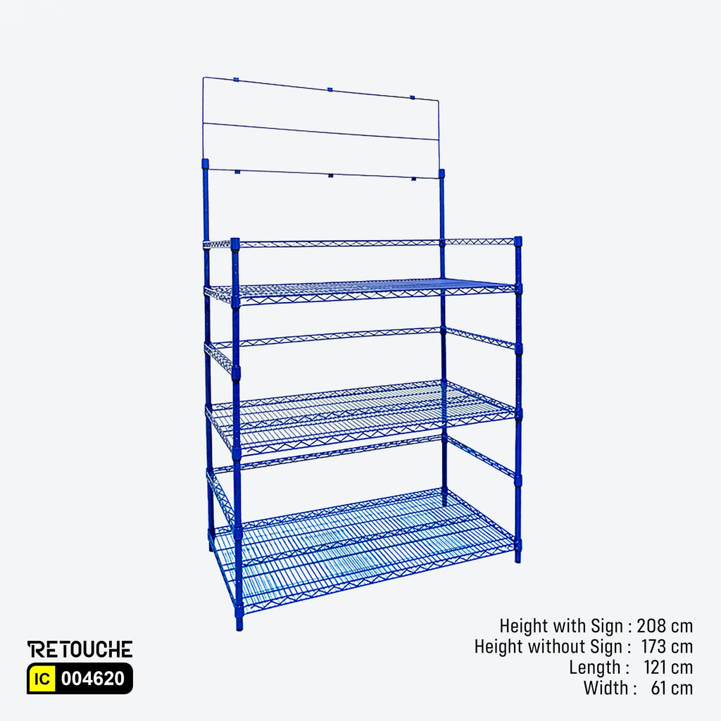 Shelving Rack for Water Bottles, 3 Tiers with Sign Holder, Metal, Blue Shelving Systems