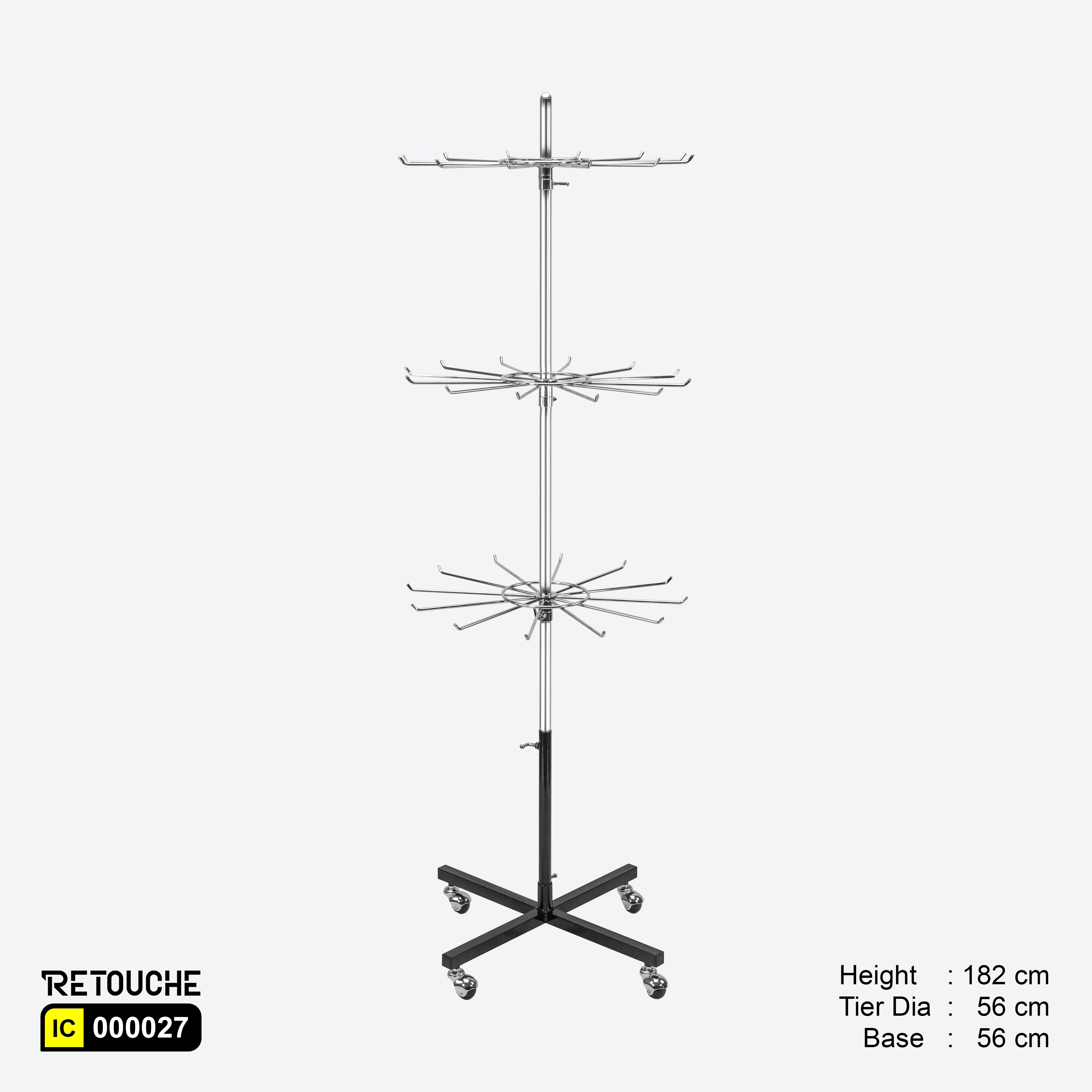 Spinner Display Rack Stand with Hooks & Wheels, 3-Tier, Chrome & Balck