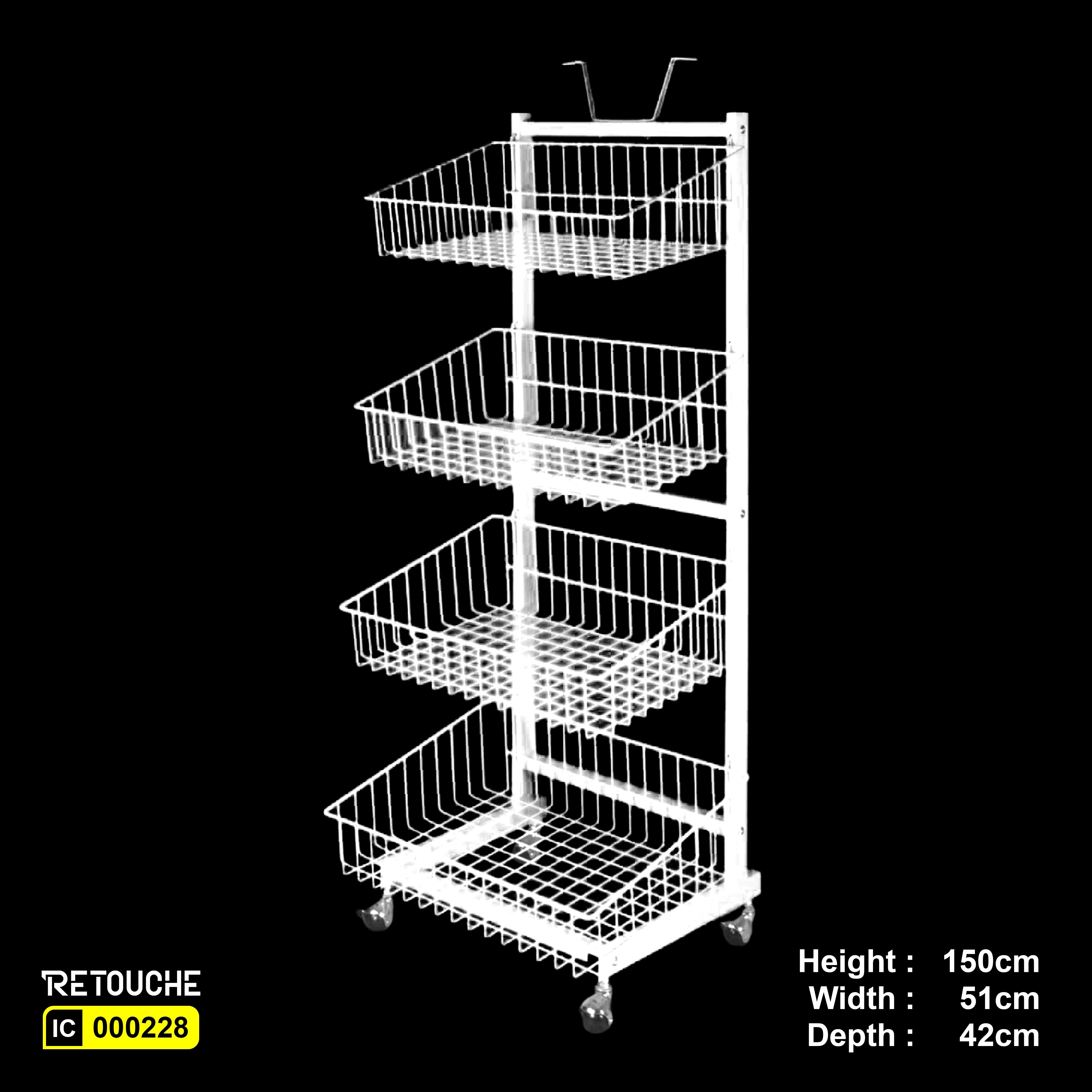 Metal Display Stand, 4-Tier with Wire Baskets, and Wheels