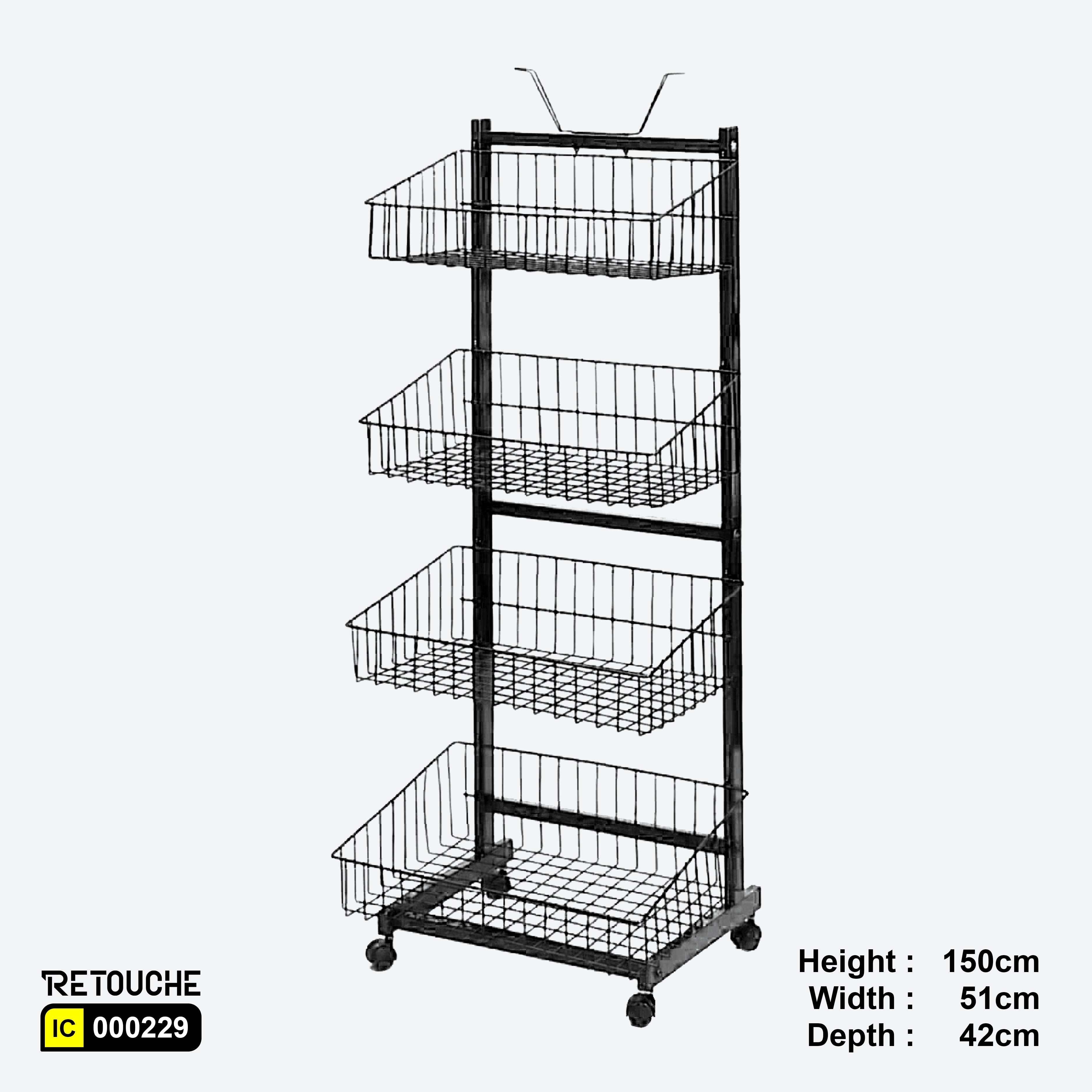 Metal Display Stand, 4-Tier with Wire Baskets, and Wheels