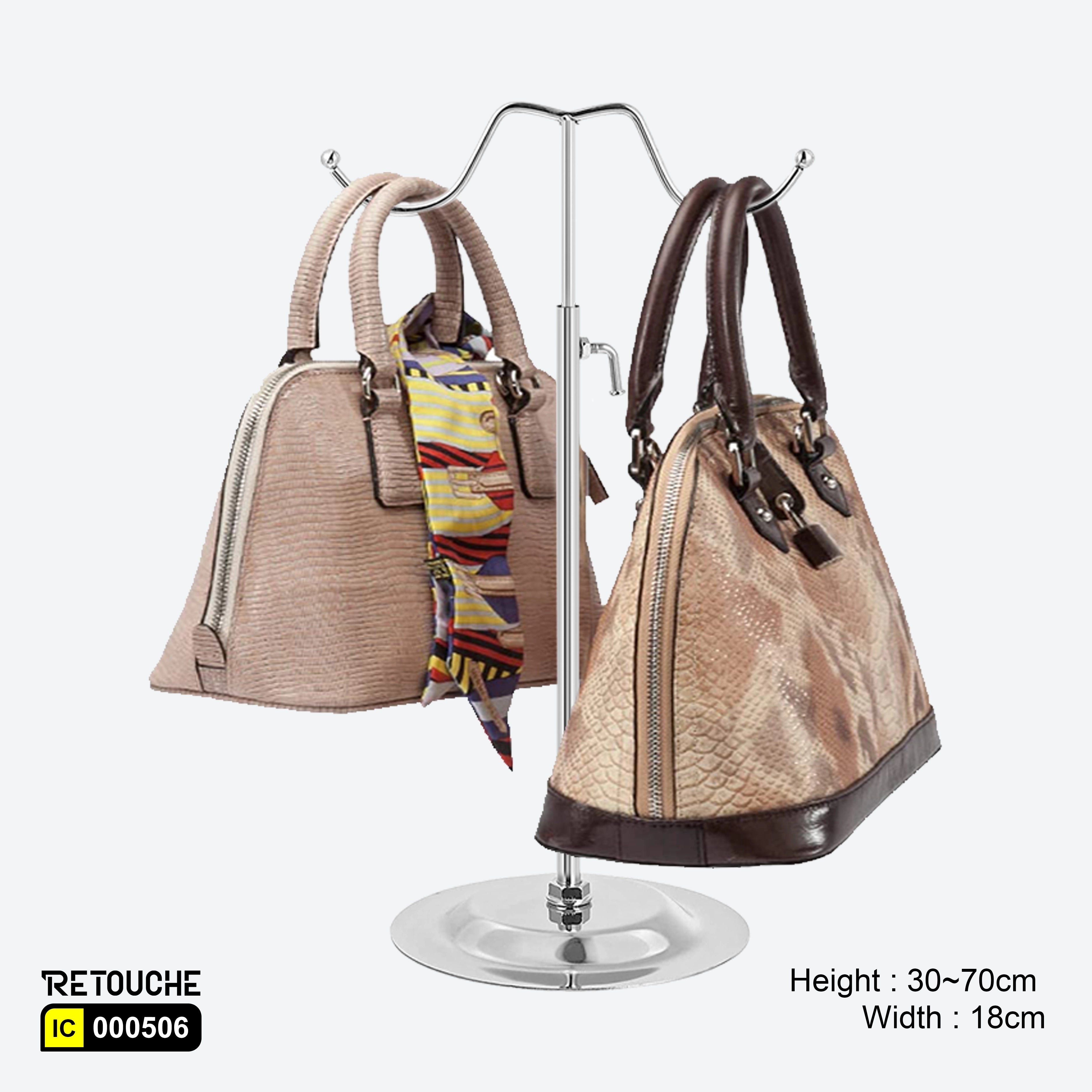 Handbag Metal Display Stand with Double Hook, Adjustable, Chrome Plated