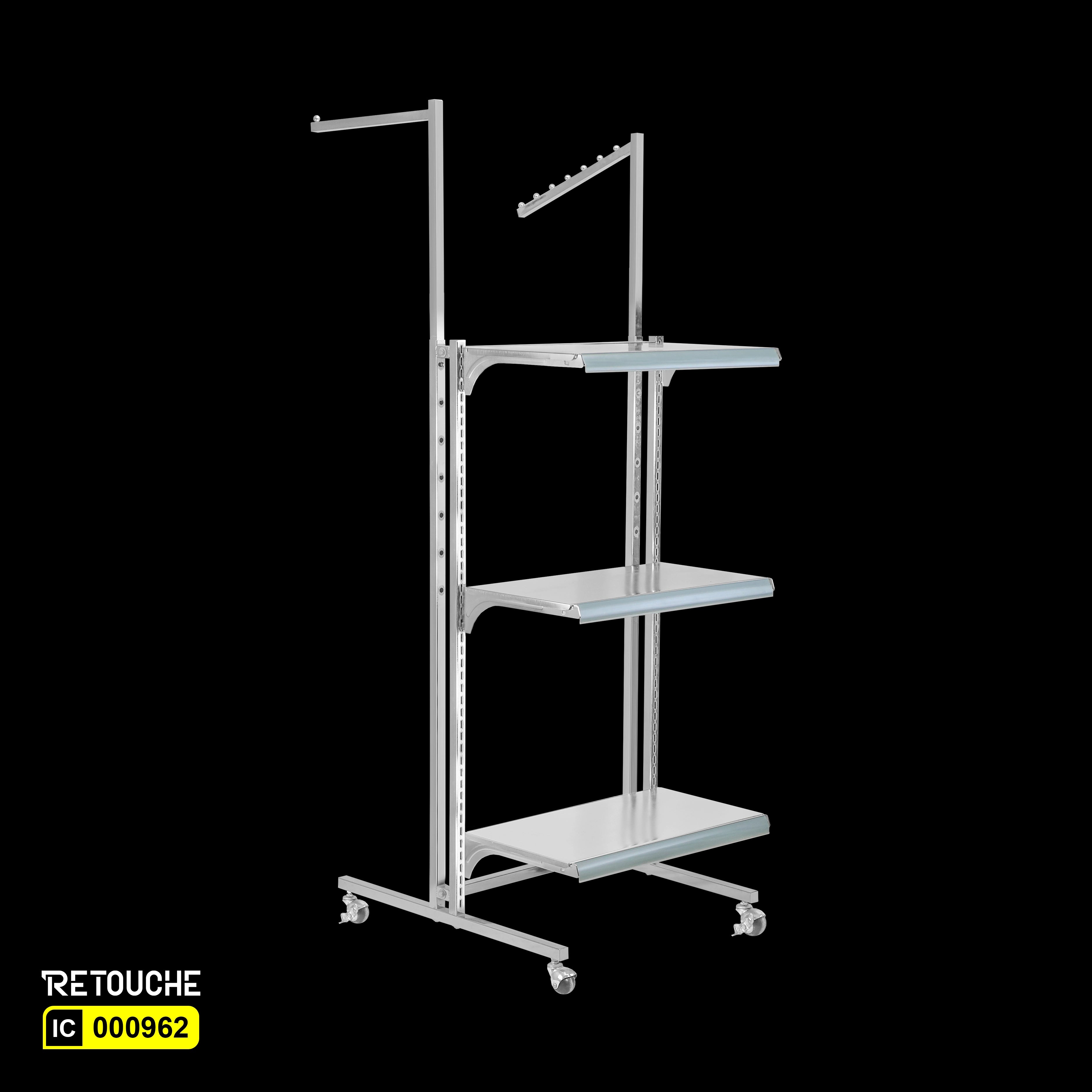 Display Stand, 3 Shelves, 2 Arms, Adjustable, Metal, Chrome Plated, with Wheels