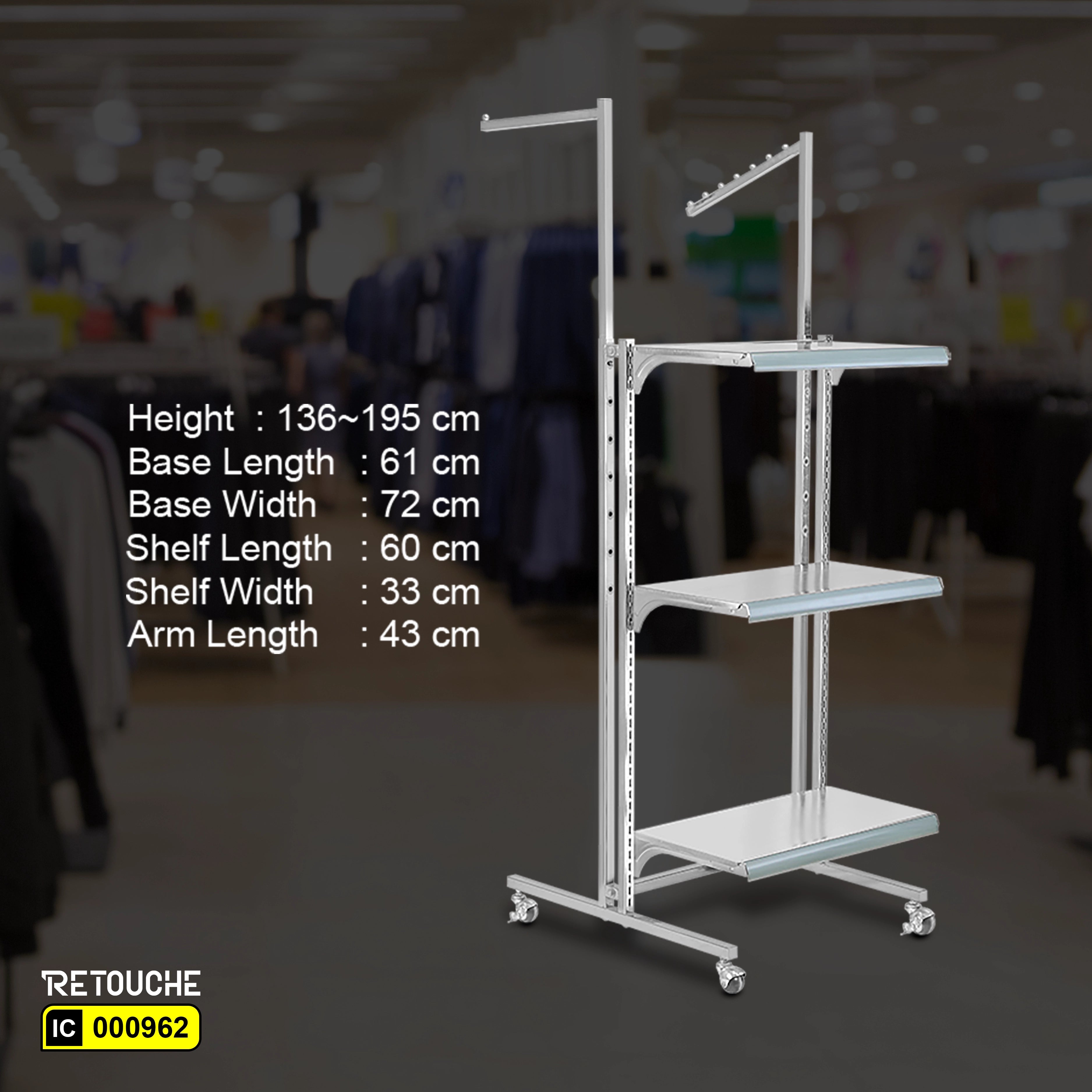 Display Stand, 3 Shelves, 2 Arms, Adjustable, Metal, Chrome Plated, with Wheels