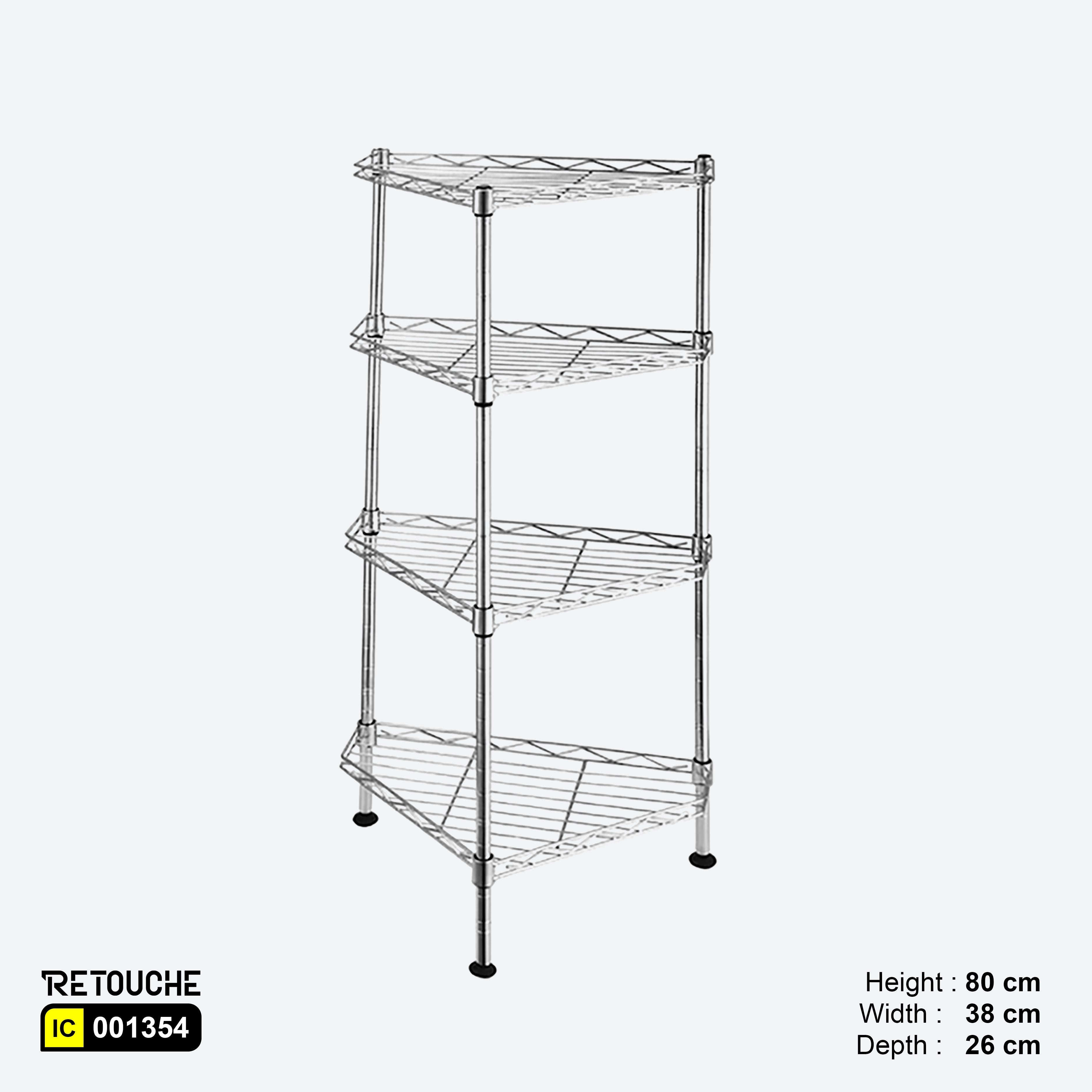 Mini corner rack, 4-tier corner rack, Chrome finish rack, Compact storage solution, Durable corner rack, Versatile storage rack
chrome storage rack, Corner display rack, Four-tier shelving unit, Modern corner organizer