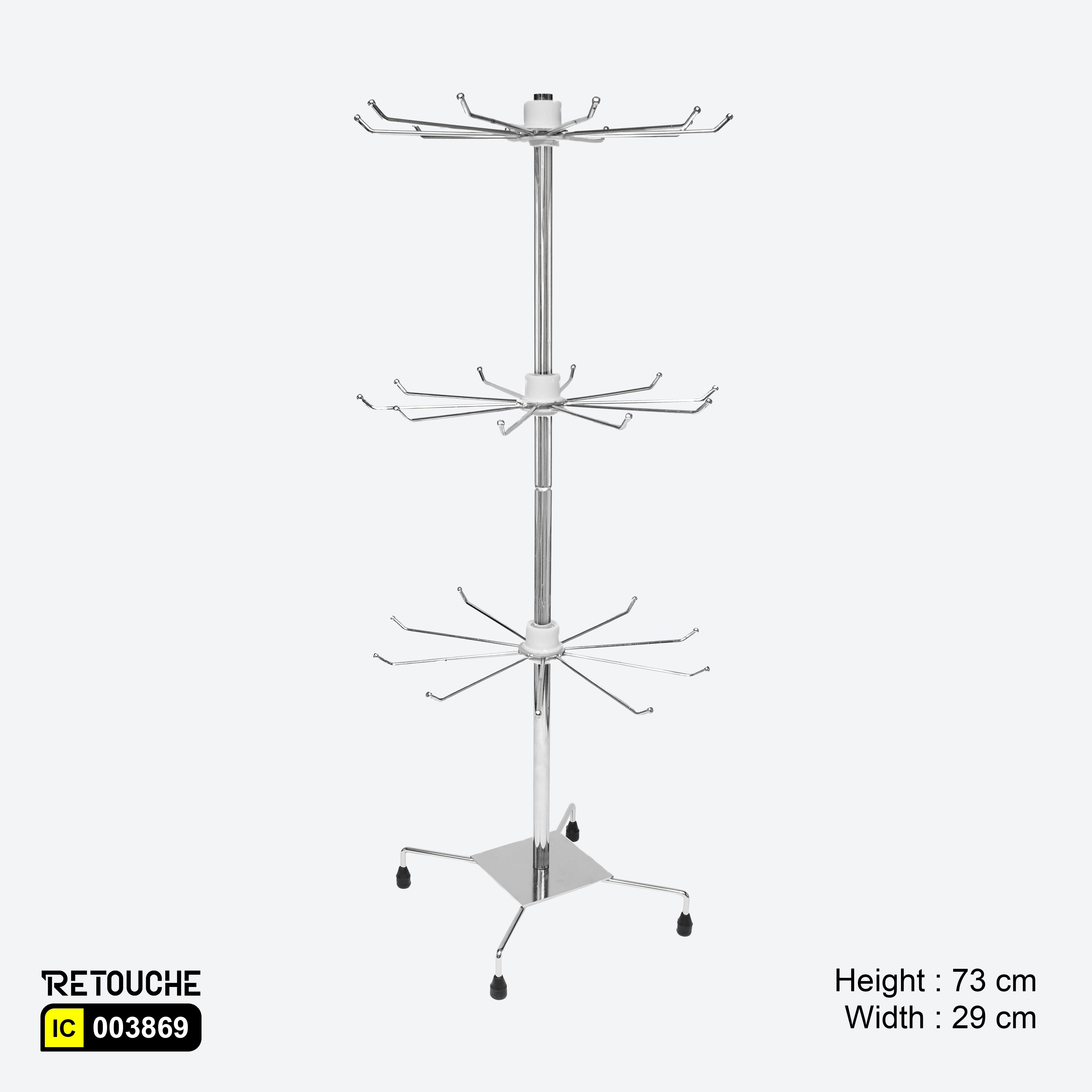 Spinner Display Rack Stand, 3-Tier with 30 Hooks, Countertop, Metal, Chrome