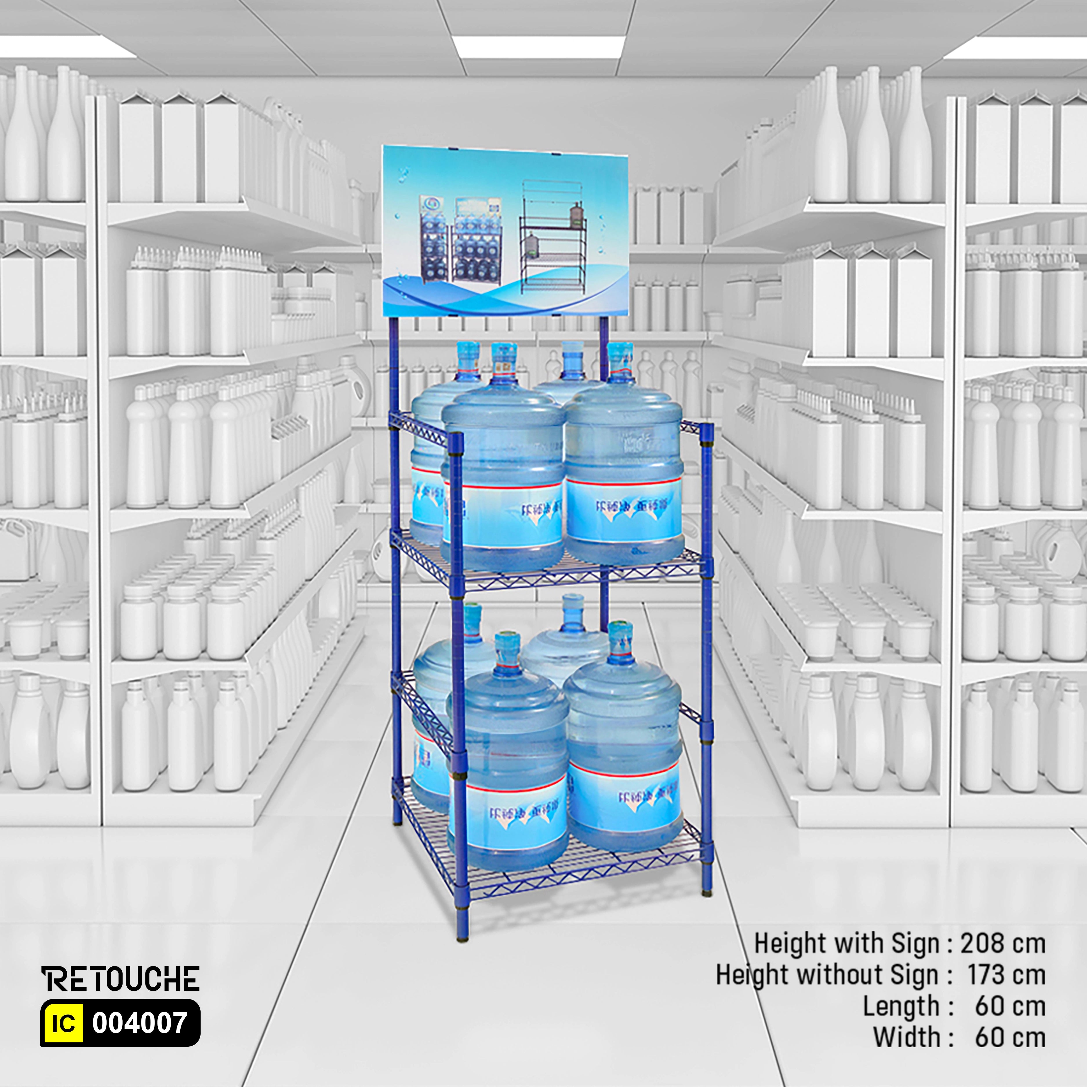Shelving Rack for Water Bottles, 3 Tiers with Sign Holder, Metal, Blue