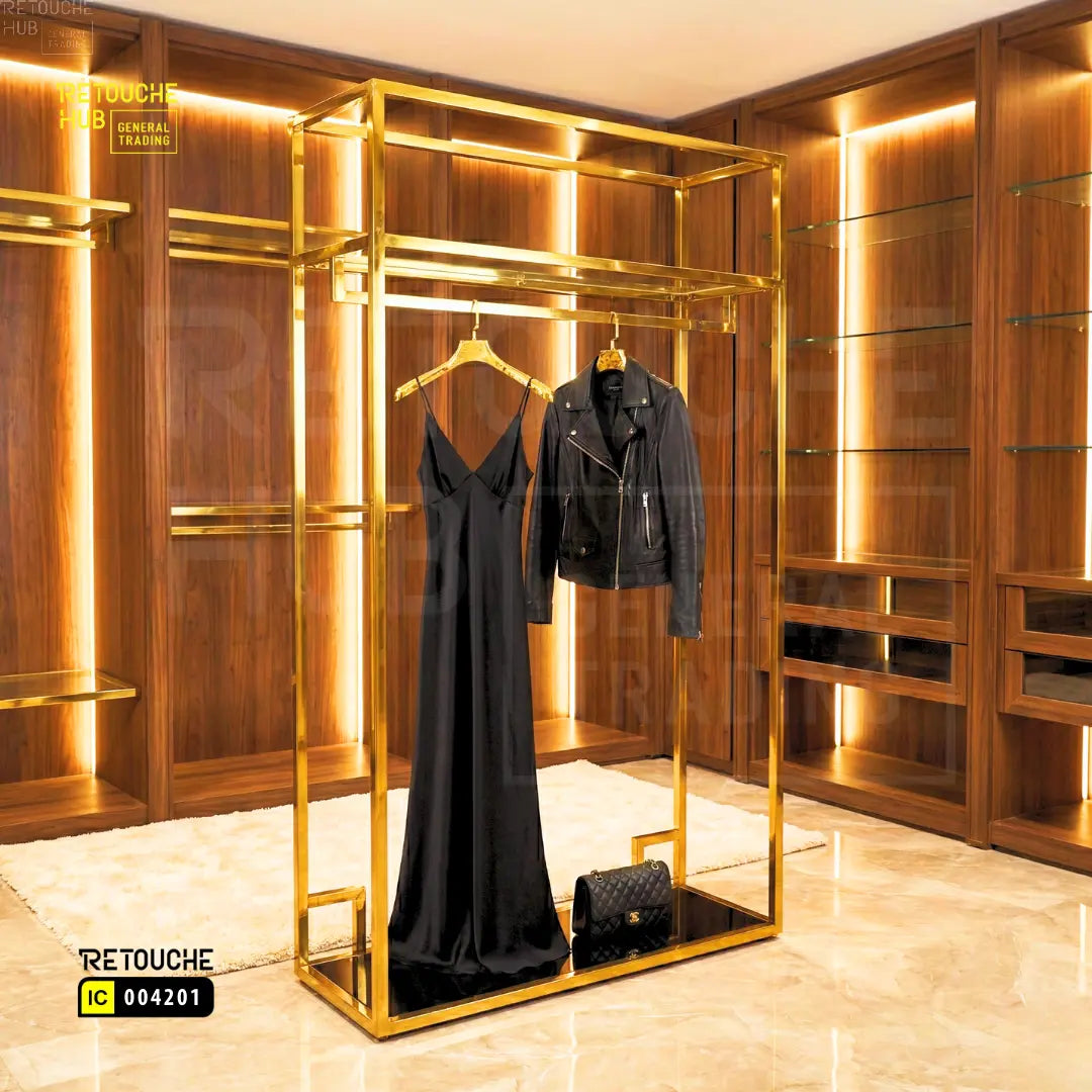 Clothes Stand | Gold Metal with Black Shelf | Modern & Durable