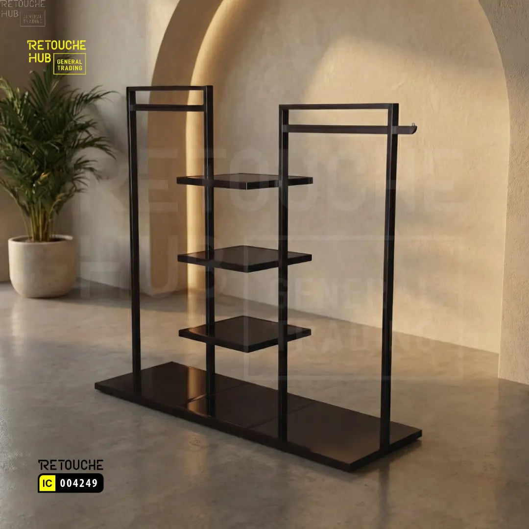 Modern Metal Clothing Display Stand With Center Shelves