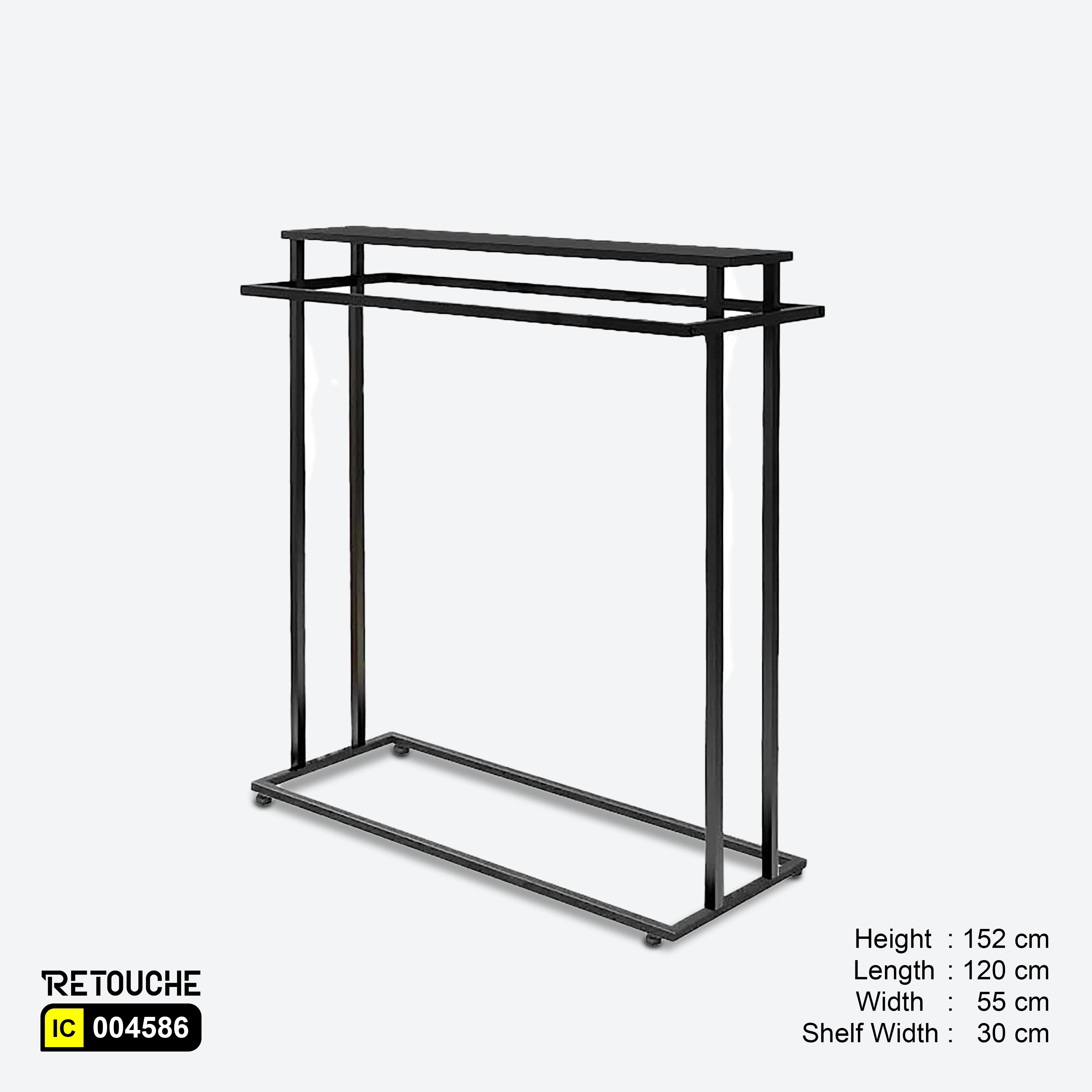 Metal Garment Clothes Rack Stand, Double Rail, Wooden Shelf on Top, Black Color