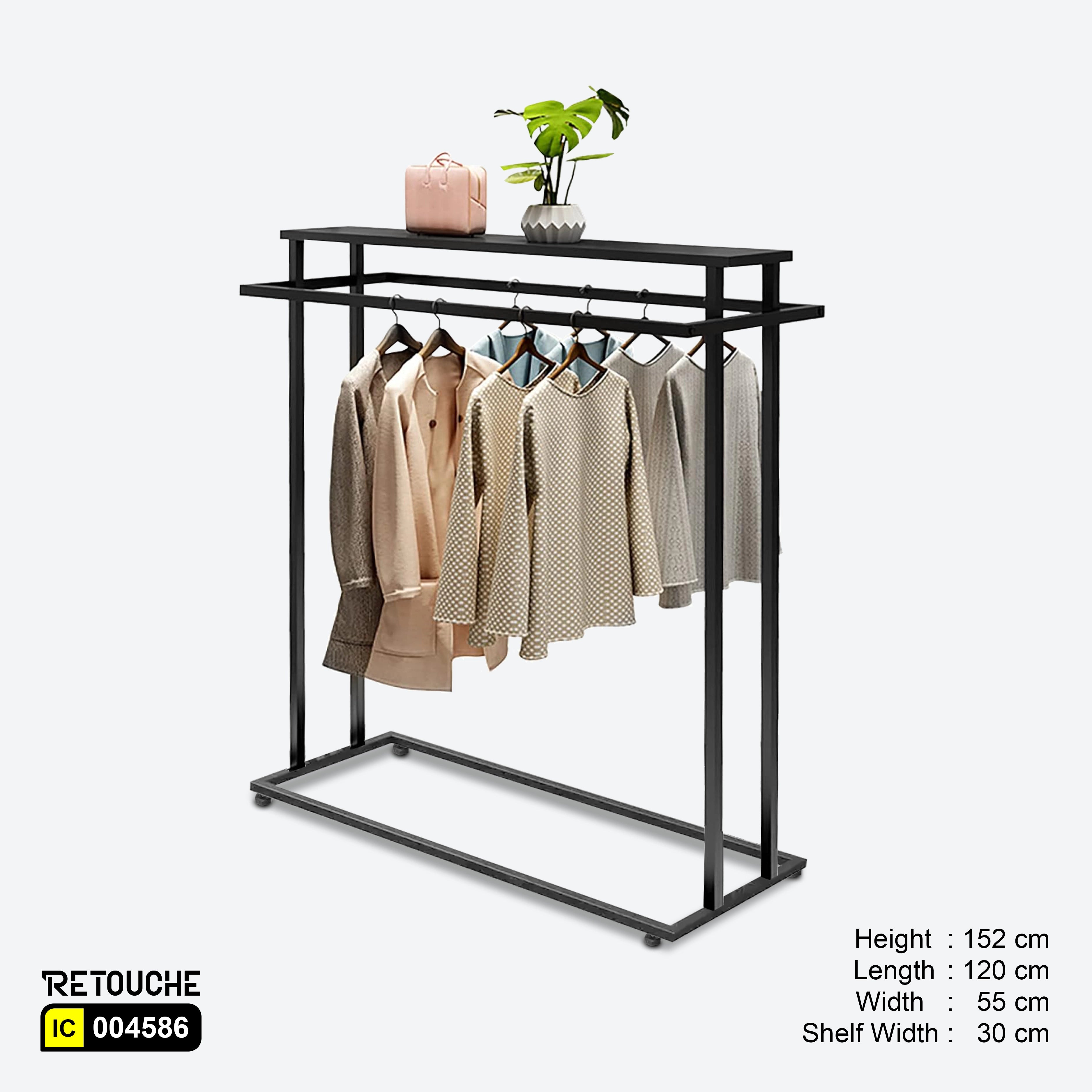 Metal Garment Clothes Rack Stand, Double Rail, Wooden Shelf on Top, Black Color