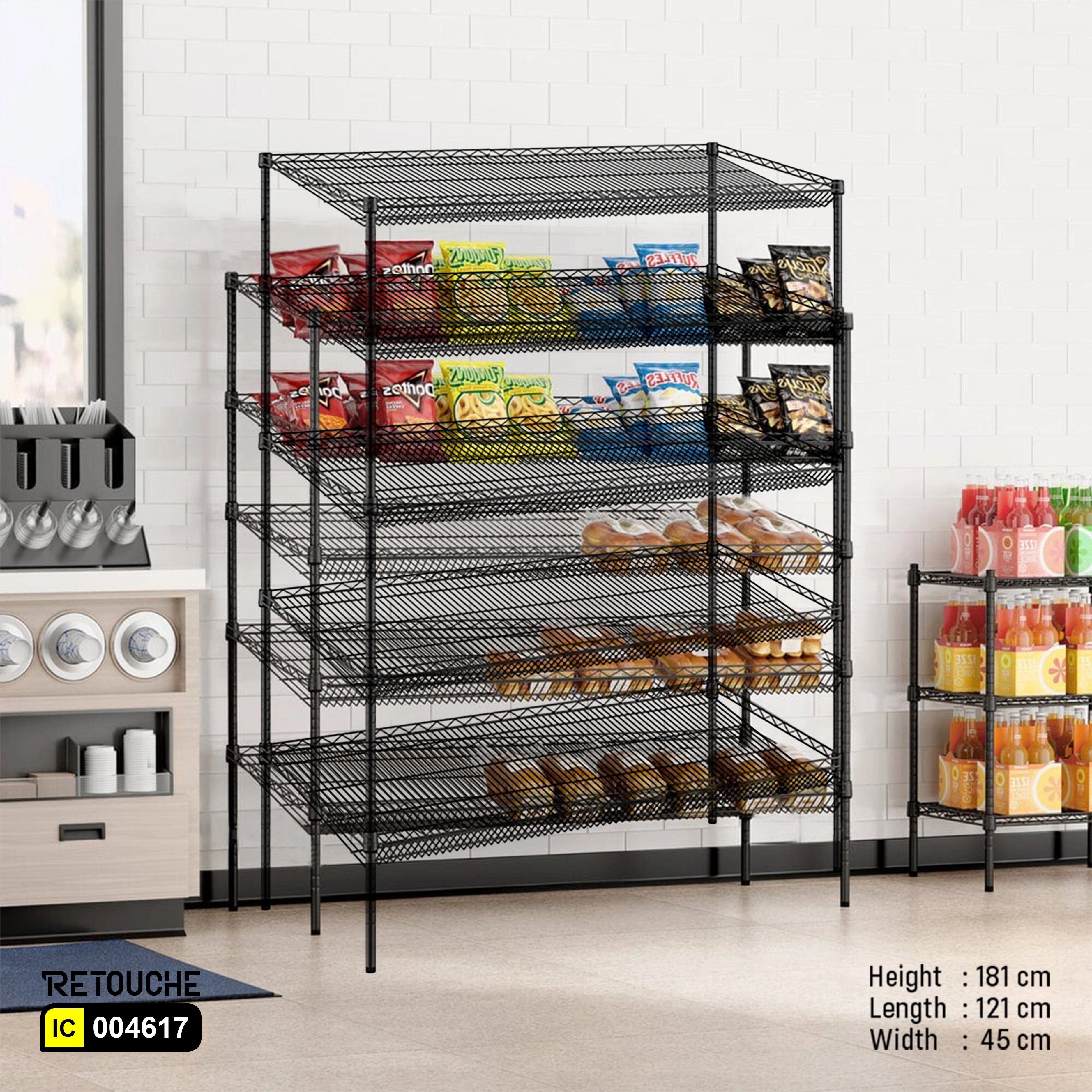 Wire Shelving Rack, 5 Slanted Tiers, Carbon Steel, Black Epoxy Coated