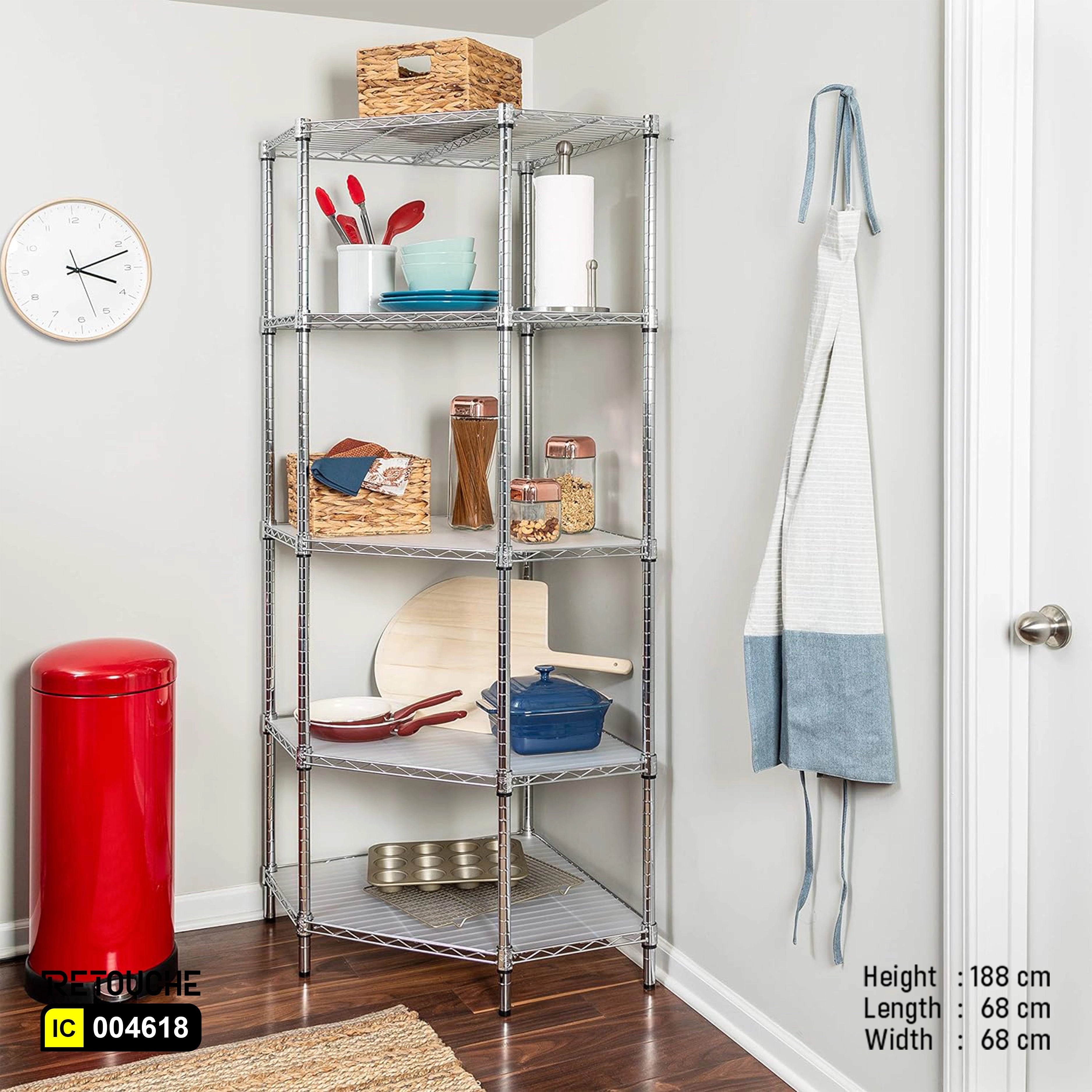 Wire Shelving Rack for Corner, Pentagon Shape, 4-Tier, Metal, Chrome Finish