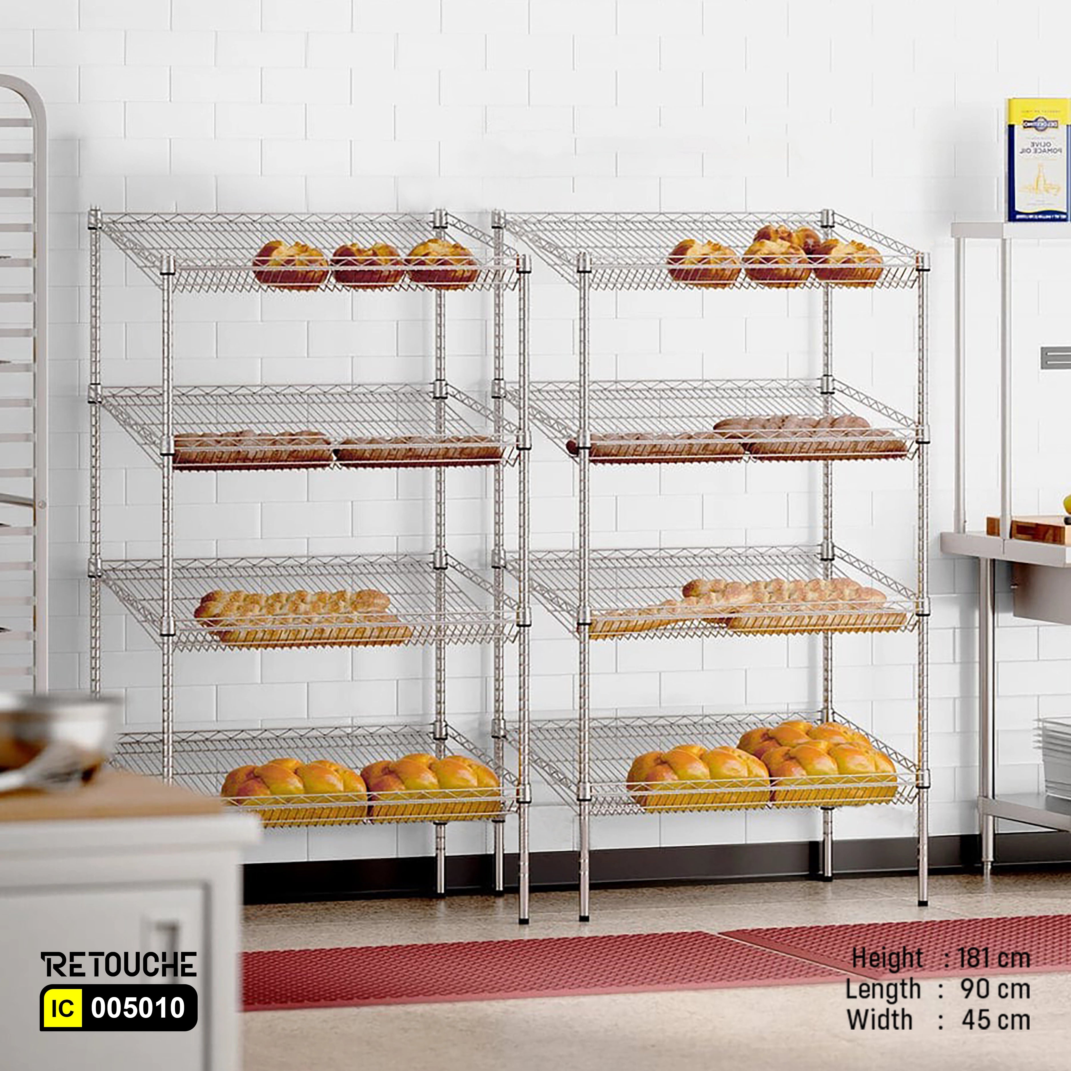 Wire Shelving Rack, 4 Slanted Tiers, Carbon Steel, Chrome Finish.