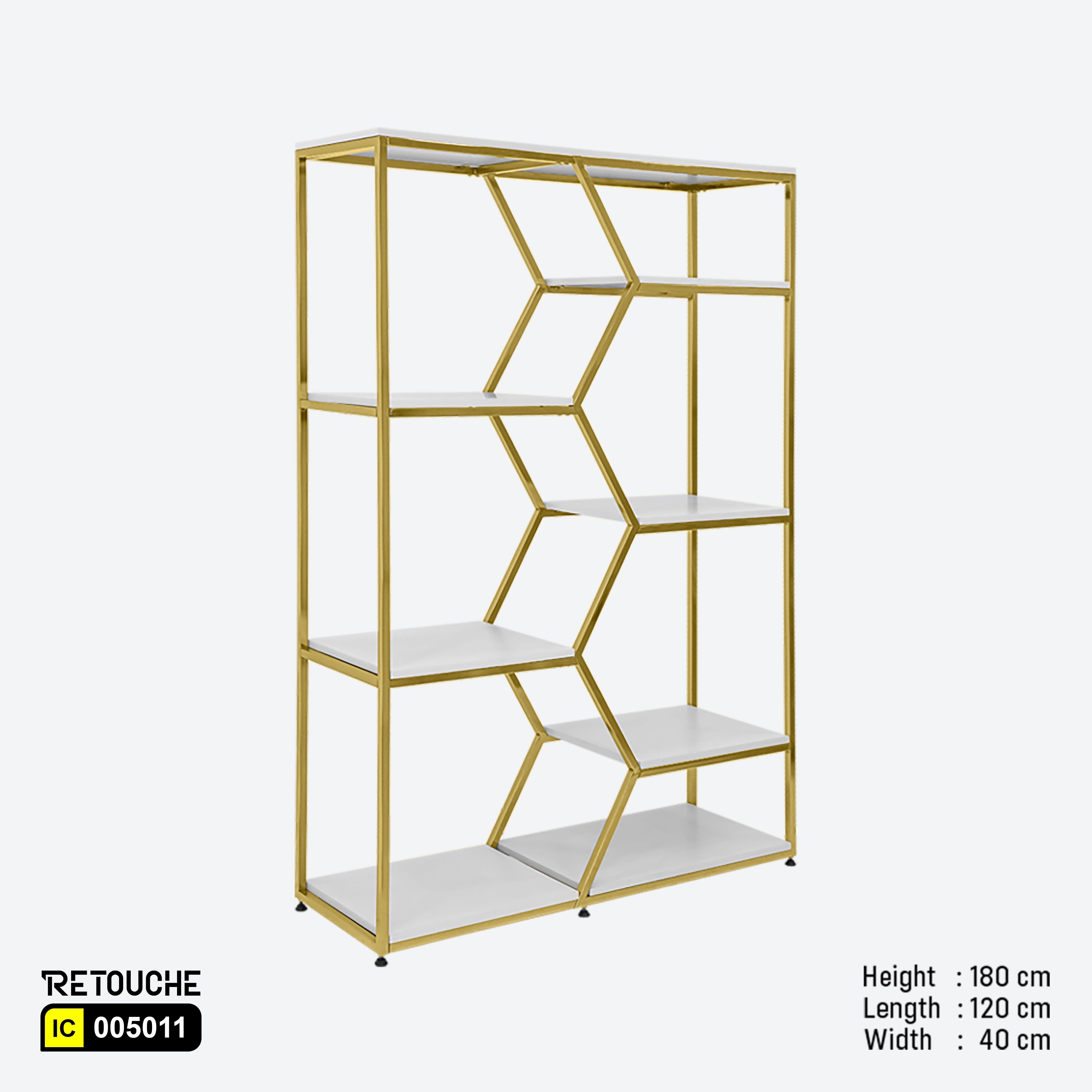 Display Shelving Rack, White MDF Shelves, Gold Stainless Steel
