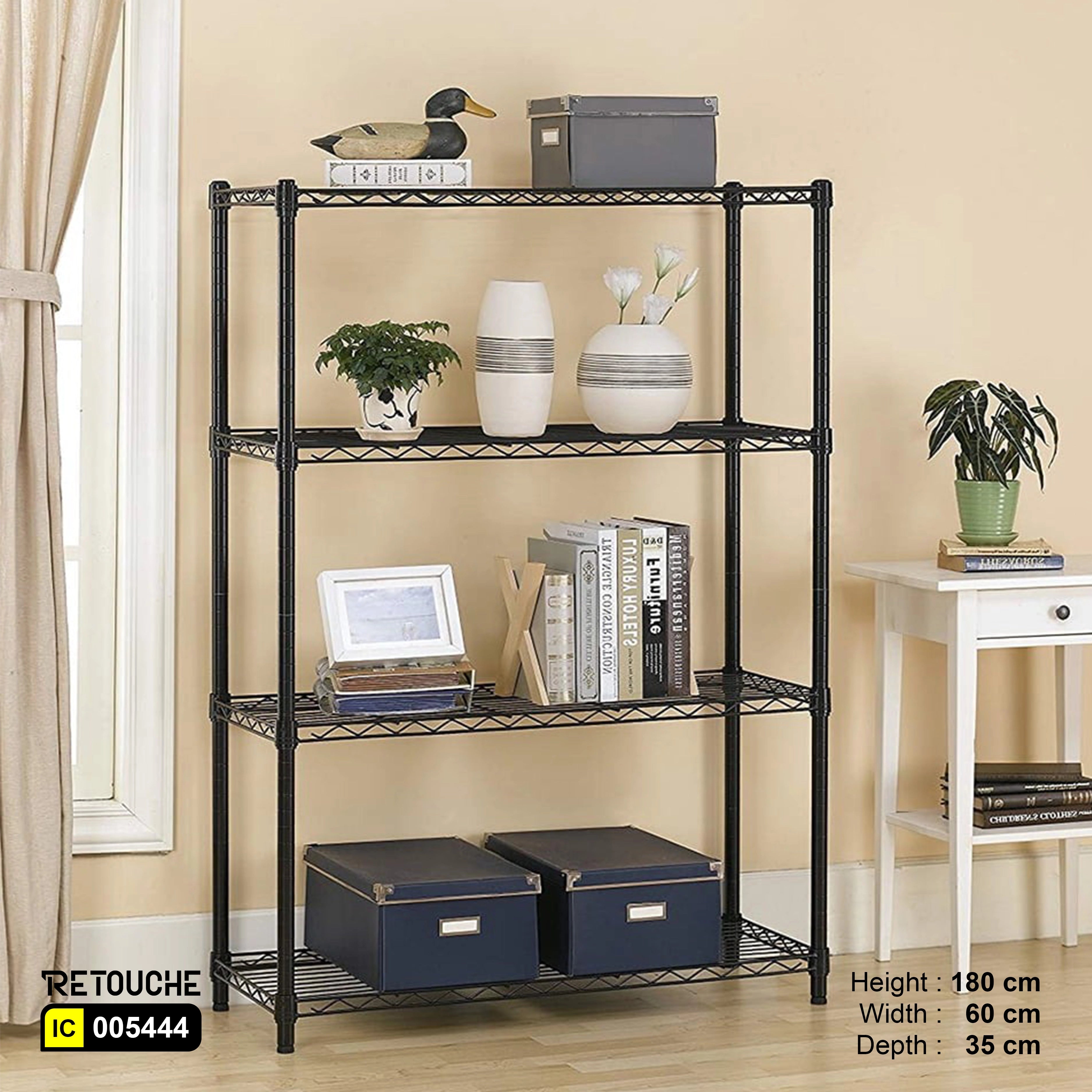 Wire Shelving Rack, 4-Tier, Carbon Steel, Black Epoxy Coated