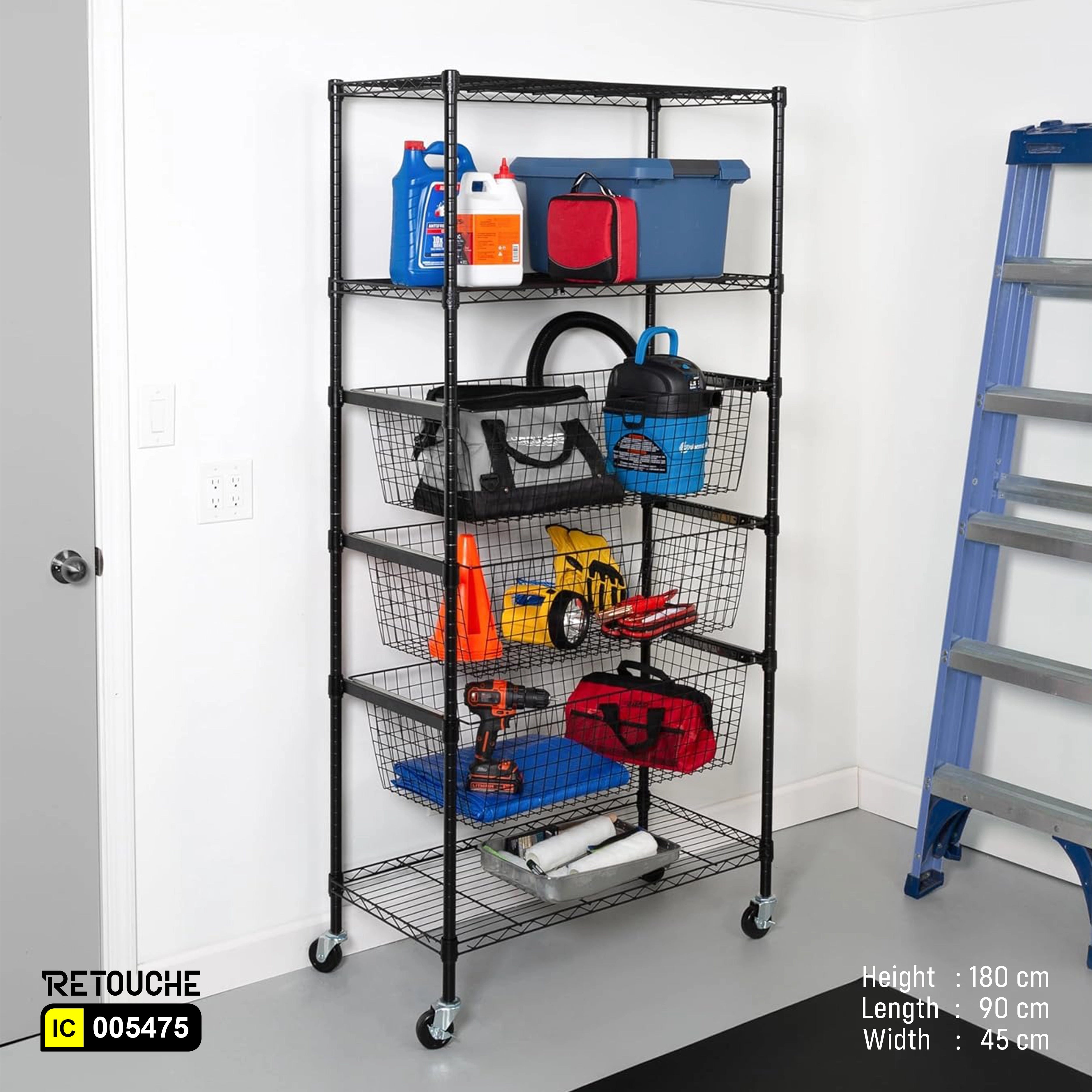 Wire Shelving Rack, 6-Tier with Wheels, Metal, Black Epoxy Coated