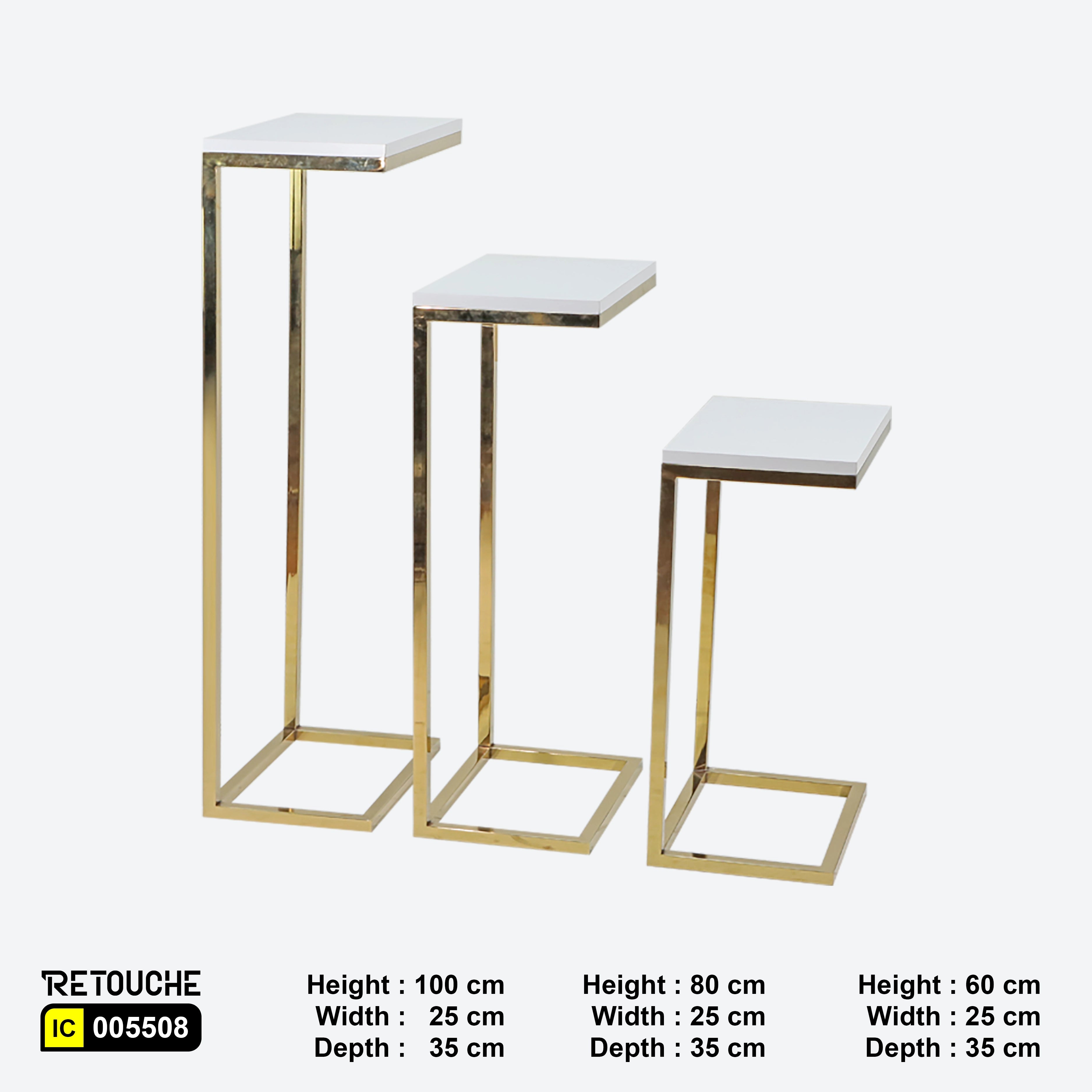 Metal Table With Gold Base and White Wood Top, Set of 3 Pcs