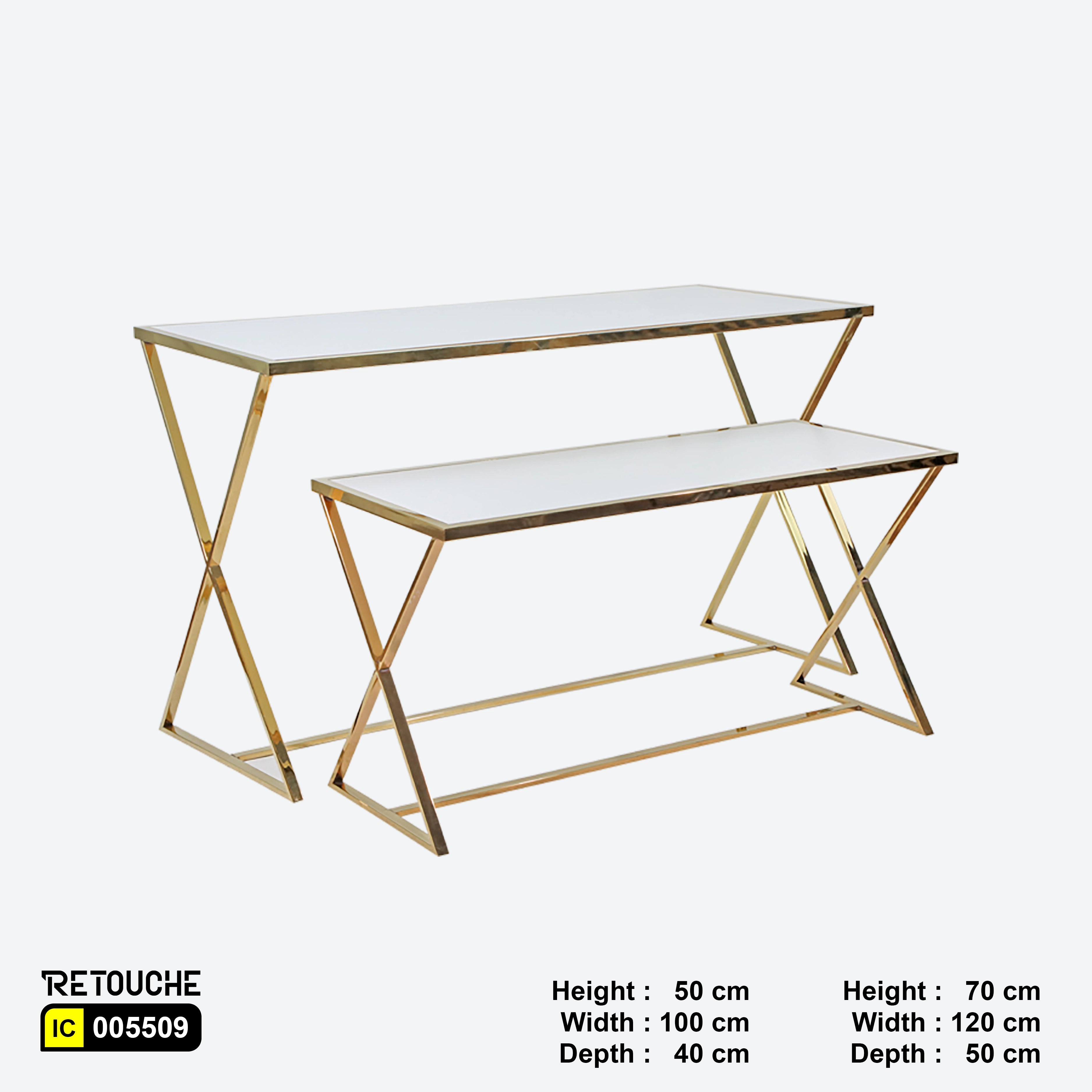 Metal Table With Gold Base and White Wood Top, Set of 2 Pcs
