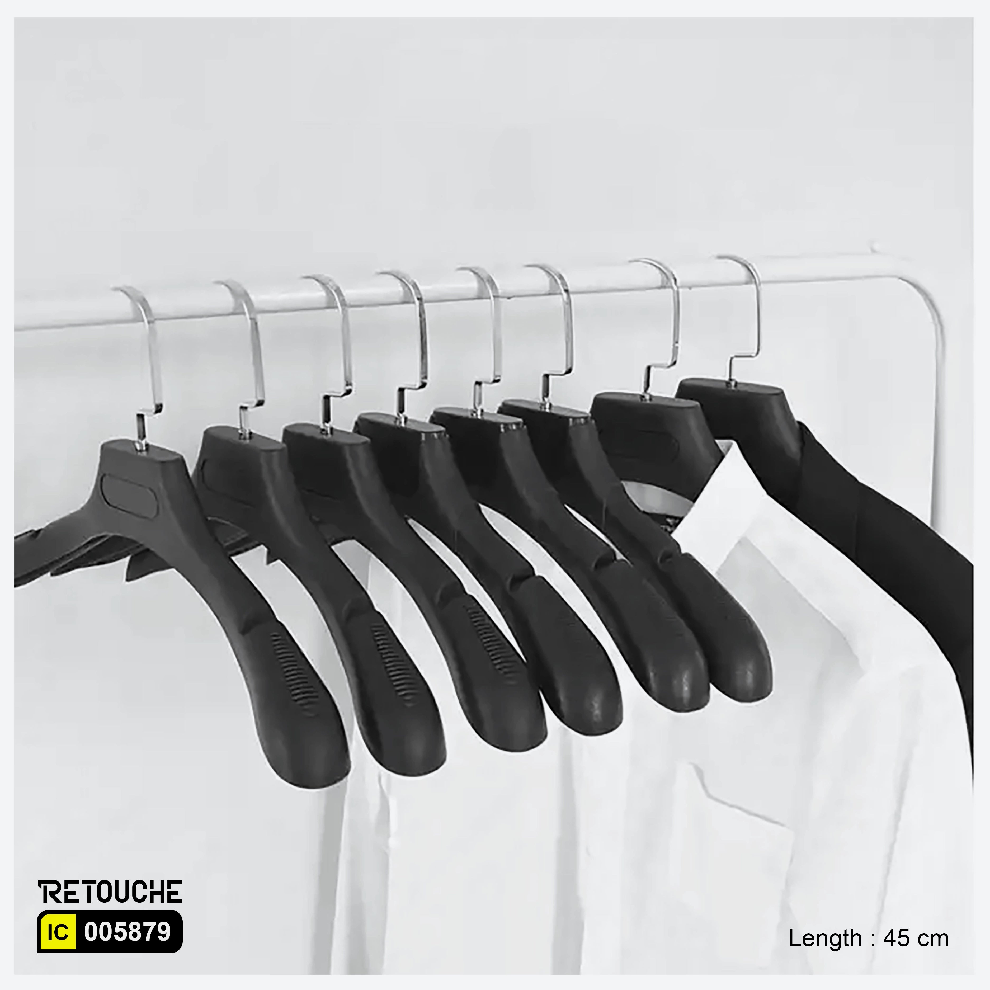 Strong black plastic hangers, Durable top hangers, 45cm plastic hangers, Heavy-duty black hangers, Closet organization hangers
Plastic hangers for heavy garments, Versatile closet hangers
Budget-friendly hangers, Retail and home hangers, Non-slip hanger design