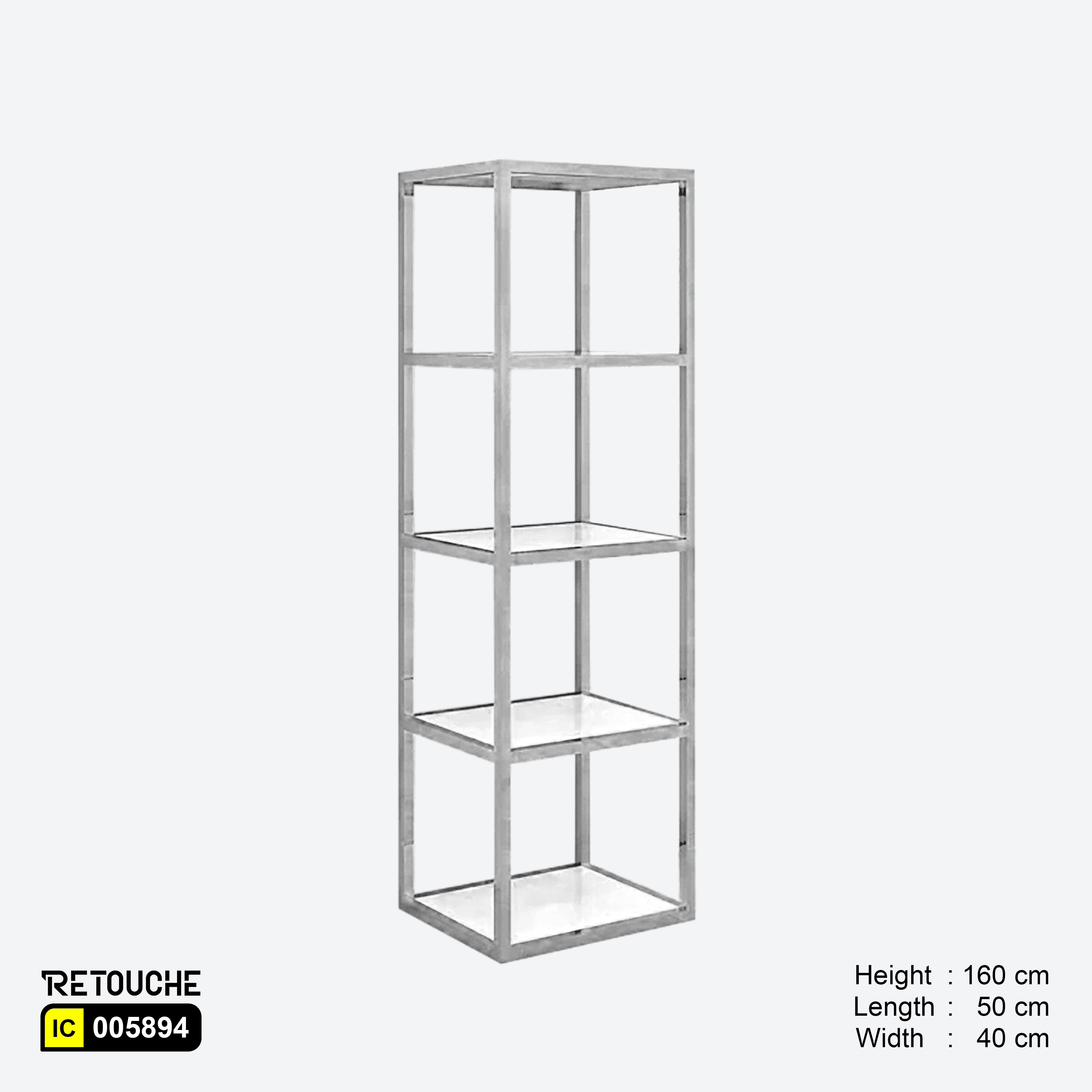 Freestanding Metal Display, Stainless Steel, 5 White MDF Tiers