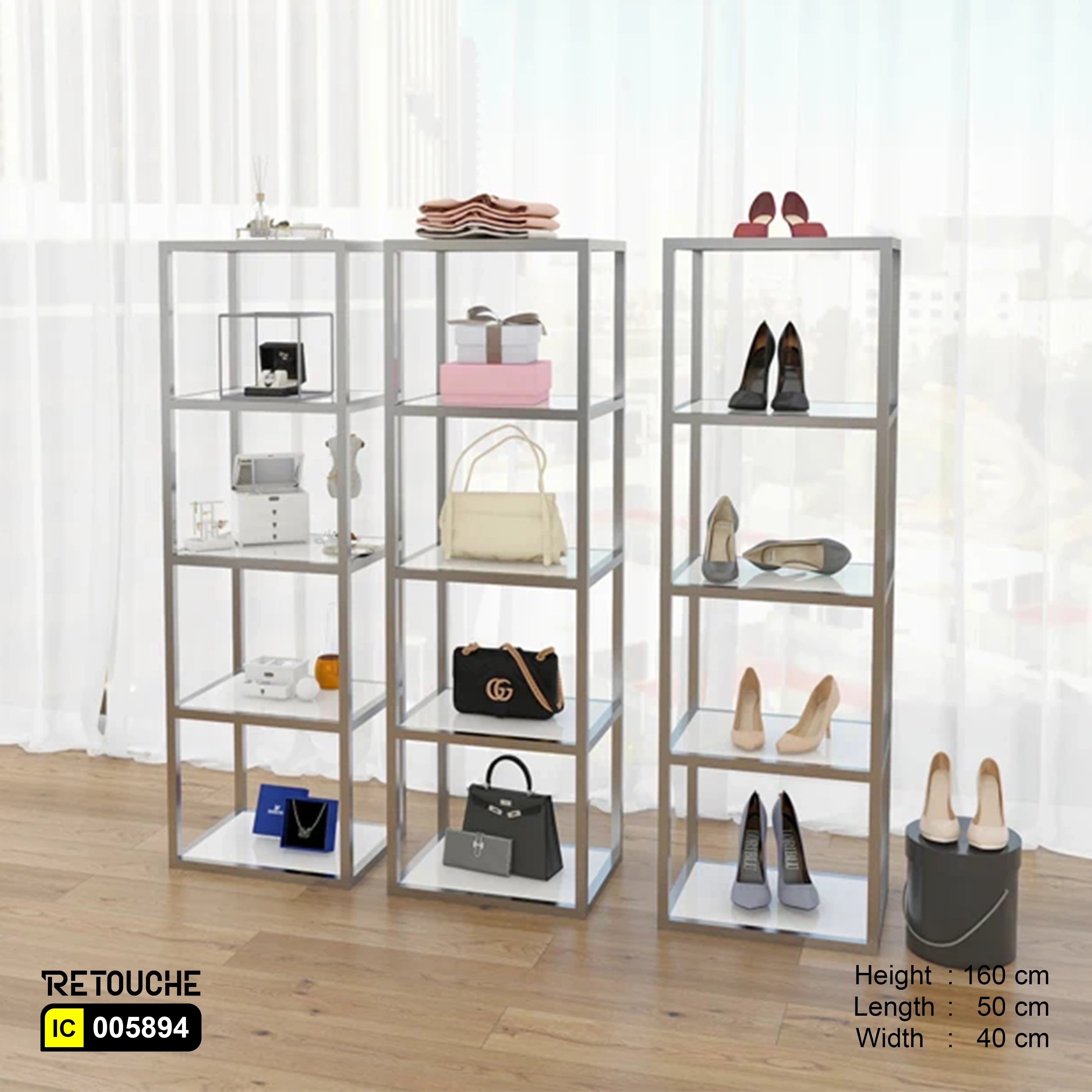Freestanding Metal Display, Stainless Steel, 5 White MDF Tiers