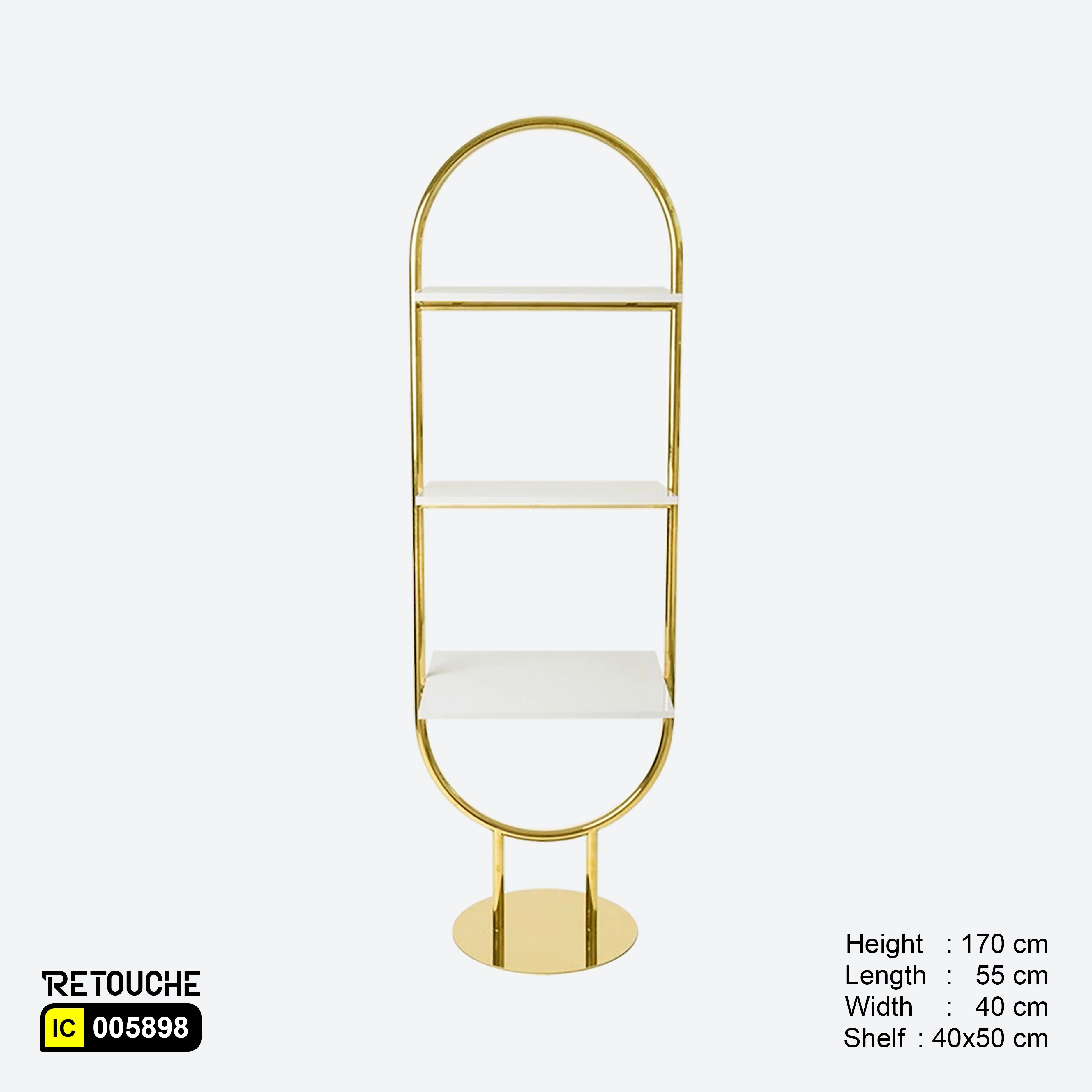 Freestanding Gold Metal Display, 3 White Wooden Tiers