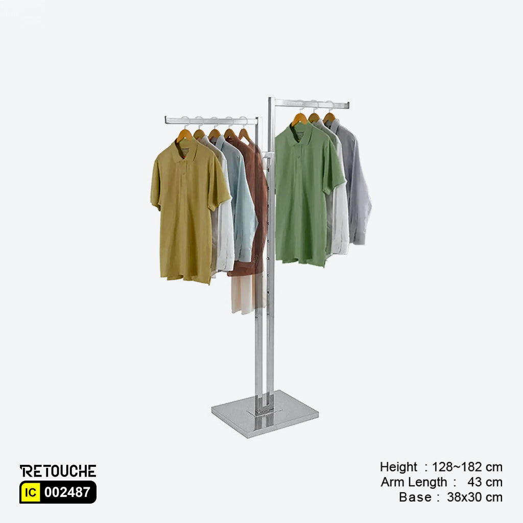 2-way clothes rack, Chrome clothes rack, Clothes rack with straight arms, Versatile clothes rack stand, Space-saving clothing rack
Retail display rack, Durable clothes rack stand, Modern chrome clothing rack, Heavy-duty clothes rack, Clothes rack for home organization
