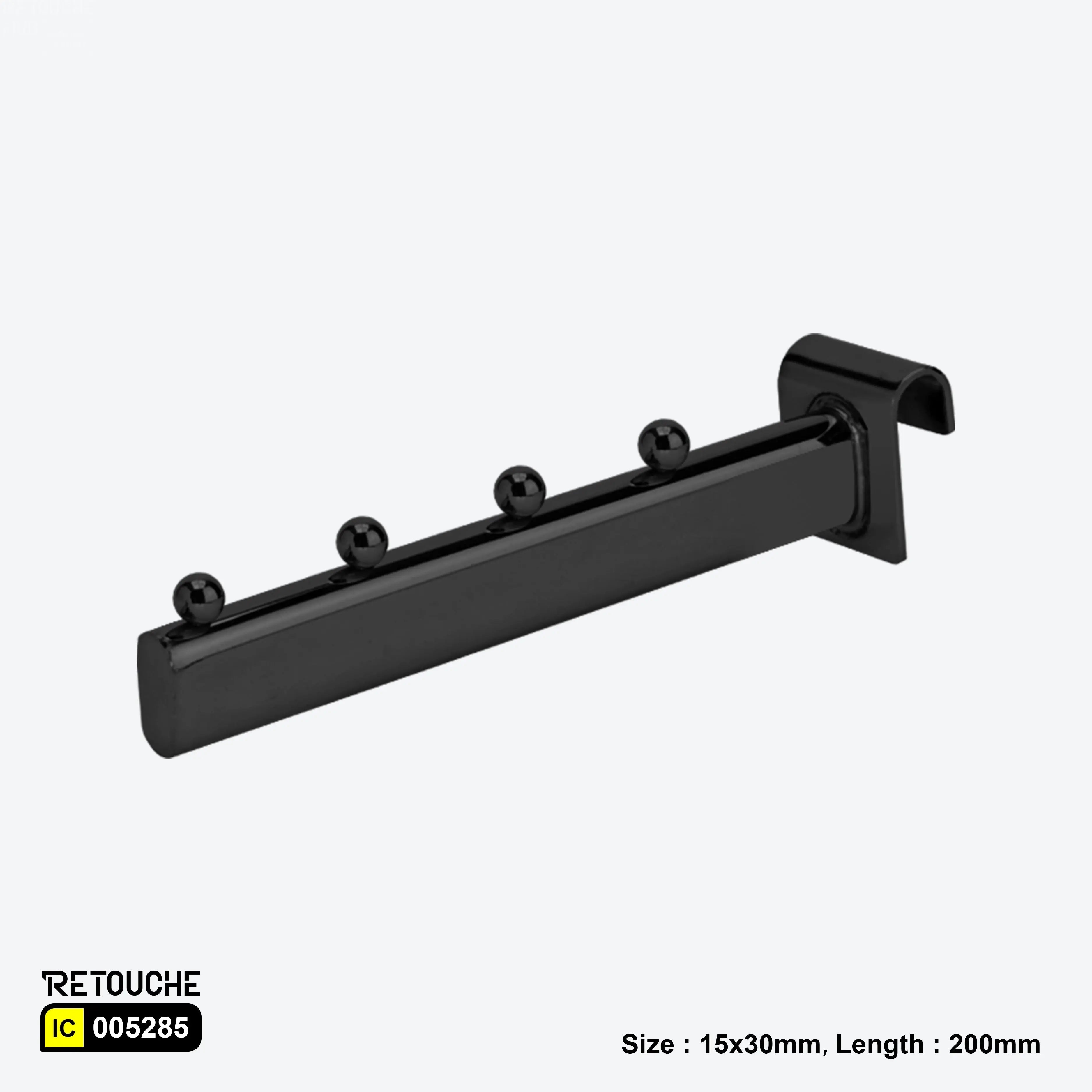 Black display hook for oval crossbar, Metal display hook for retail stores, Durable display hook with beads, Matte black display hook
Oval crossbar compatible hook, Retail hook for merchandise displays
Functional display hook for stores, Stylish display hook with bead design, Adjustable black display hook, Strong and sleek display accessory