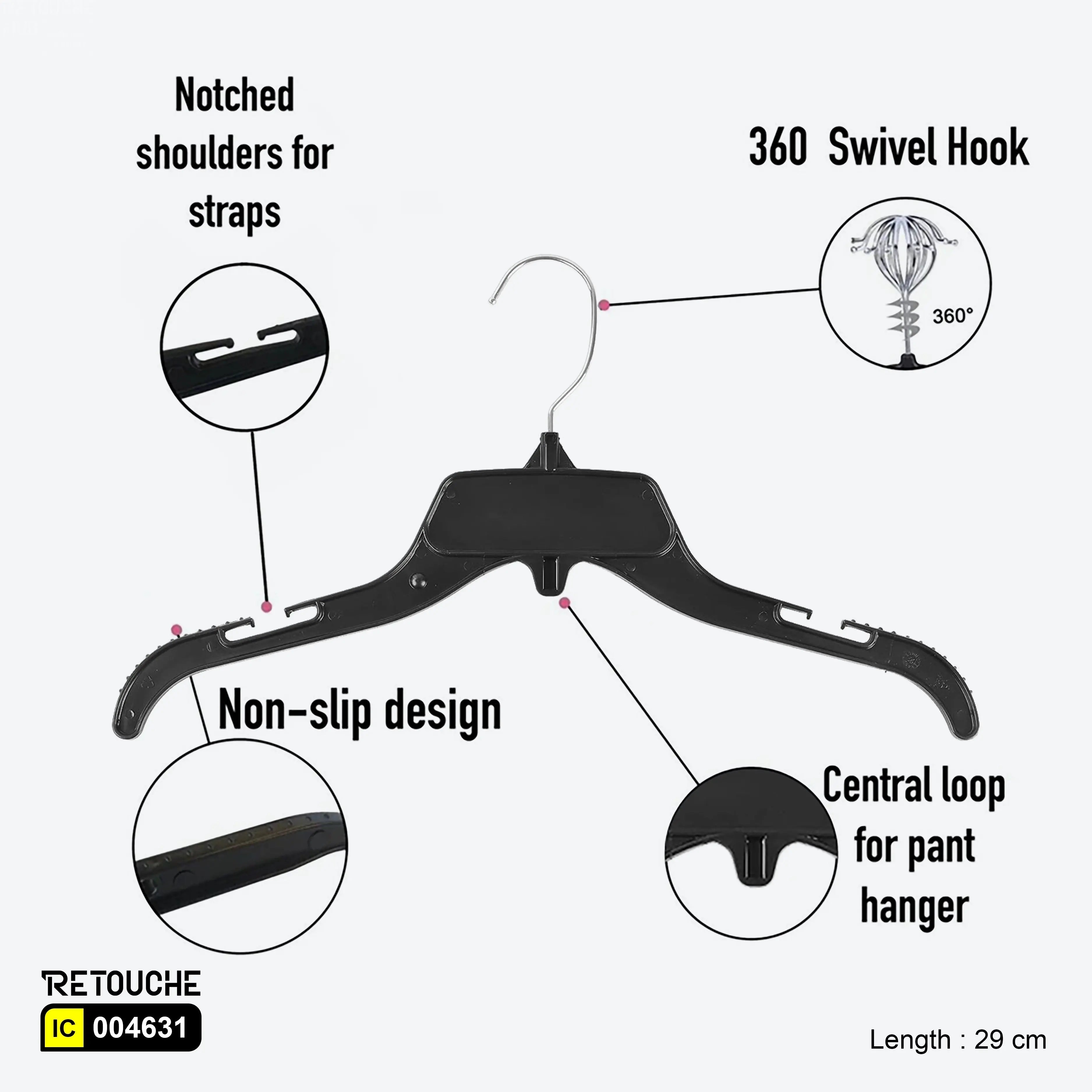 Black plastic hangers, Non-slip clothes hangers, Hangers with strap notches, Durable plastic hangers, Closet organization tools
Stylish black hangers, Non-slip hanger design
Plastic hangers for heavy garments, Versatile black hangers, Lightweight and strong hangers