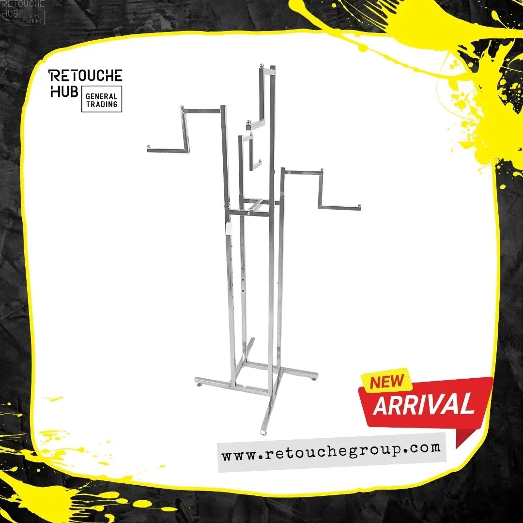 Clothes Rack Stand, 4-Way, Straight Arms, Chrome Finish Retouche Hub General Trading L.L.C