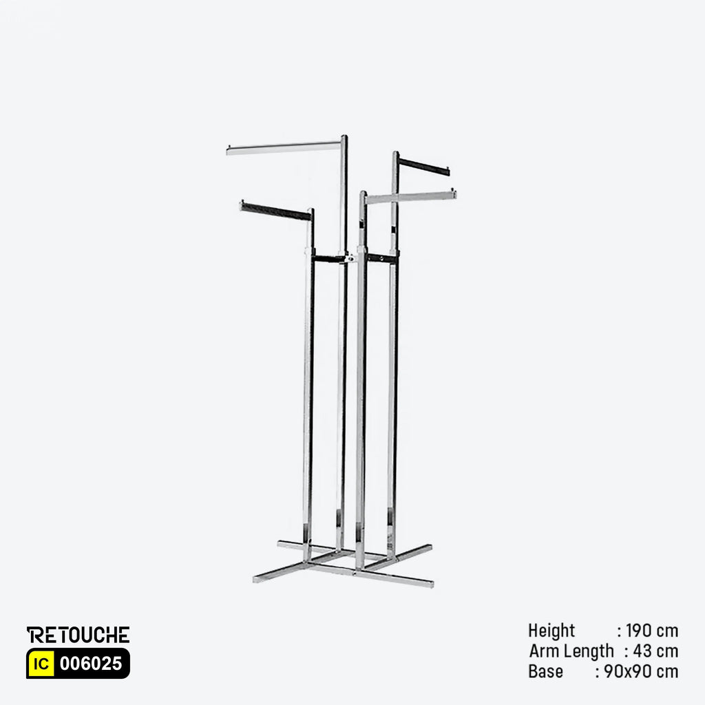 4-way rack, Chrome clothes rack
Clothes display rack, Retail display rack
Straight arm rack, Heavy-duty clothes rack, Space-saving clothing rack
Clothes storage rack, Stylish display rack, 4-arm clothes rack