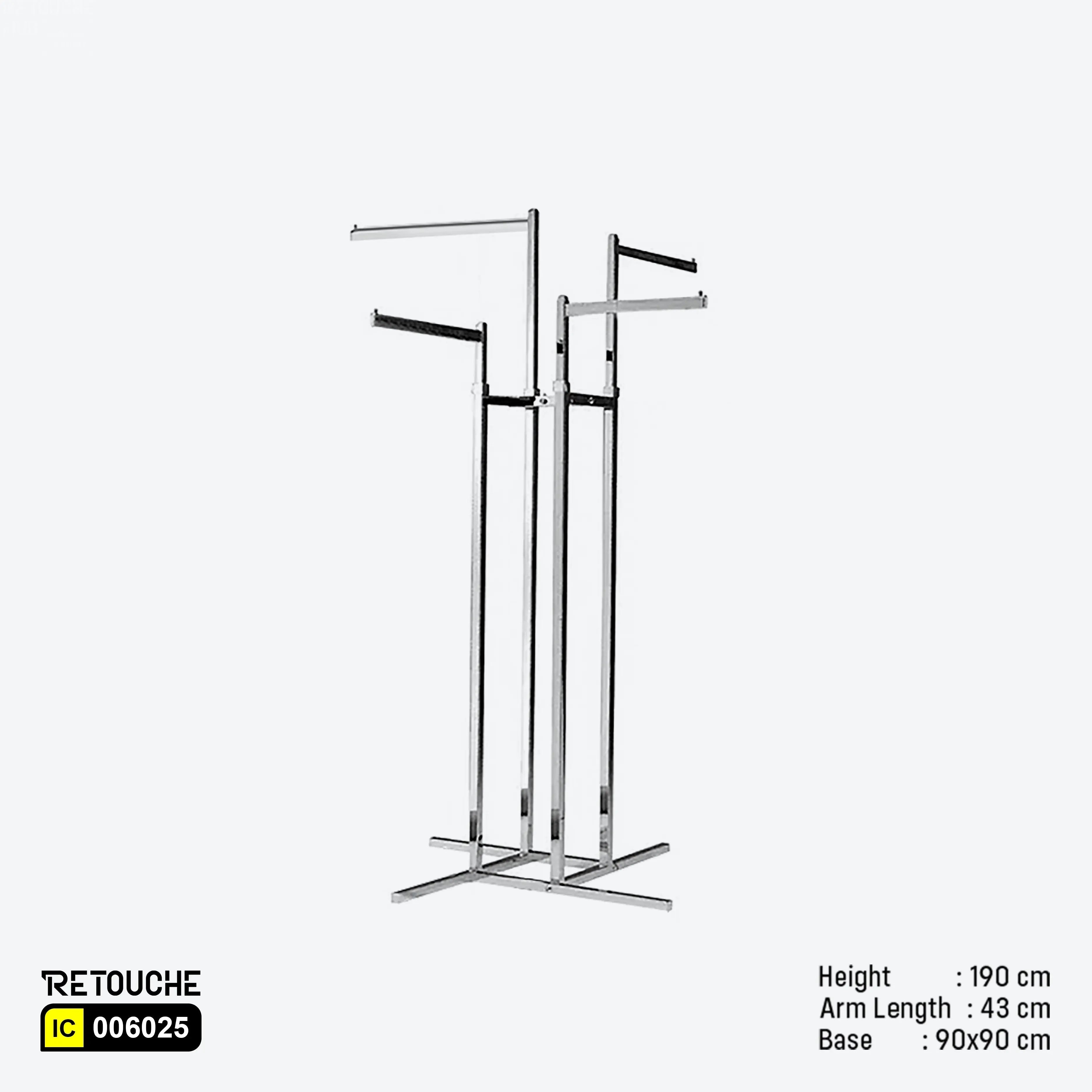 4-way rack, Chrome clothes rack
Clothes display rack, Retail display rack
Straight arm rack, Heavy-duty clothes rack, Space-saving clothing rack
Clothes storage rack, Stylish display rack, 4-arm clothes rack