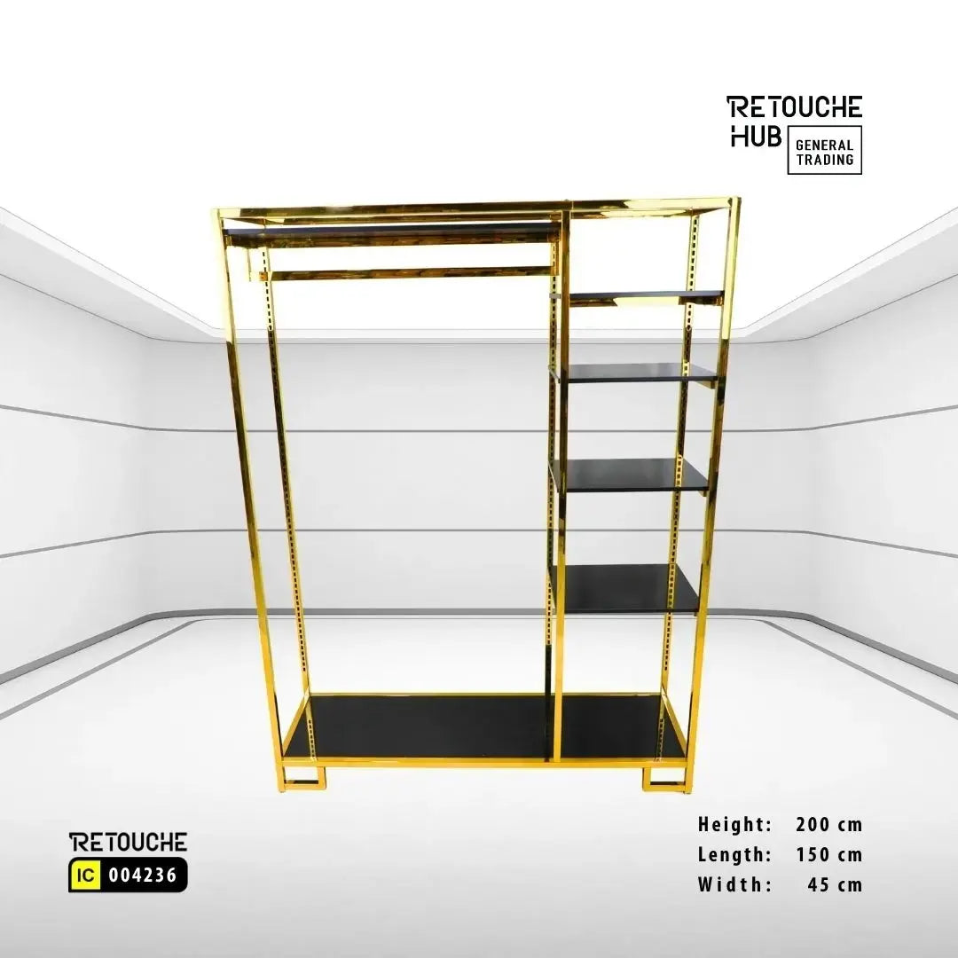 Clothes Stand | Gold Metal Stand With Hanging Bar With  Black Shelf | Modern & Durable Retouche Hub General Trading L.L.C