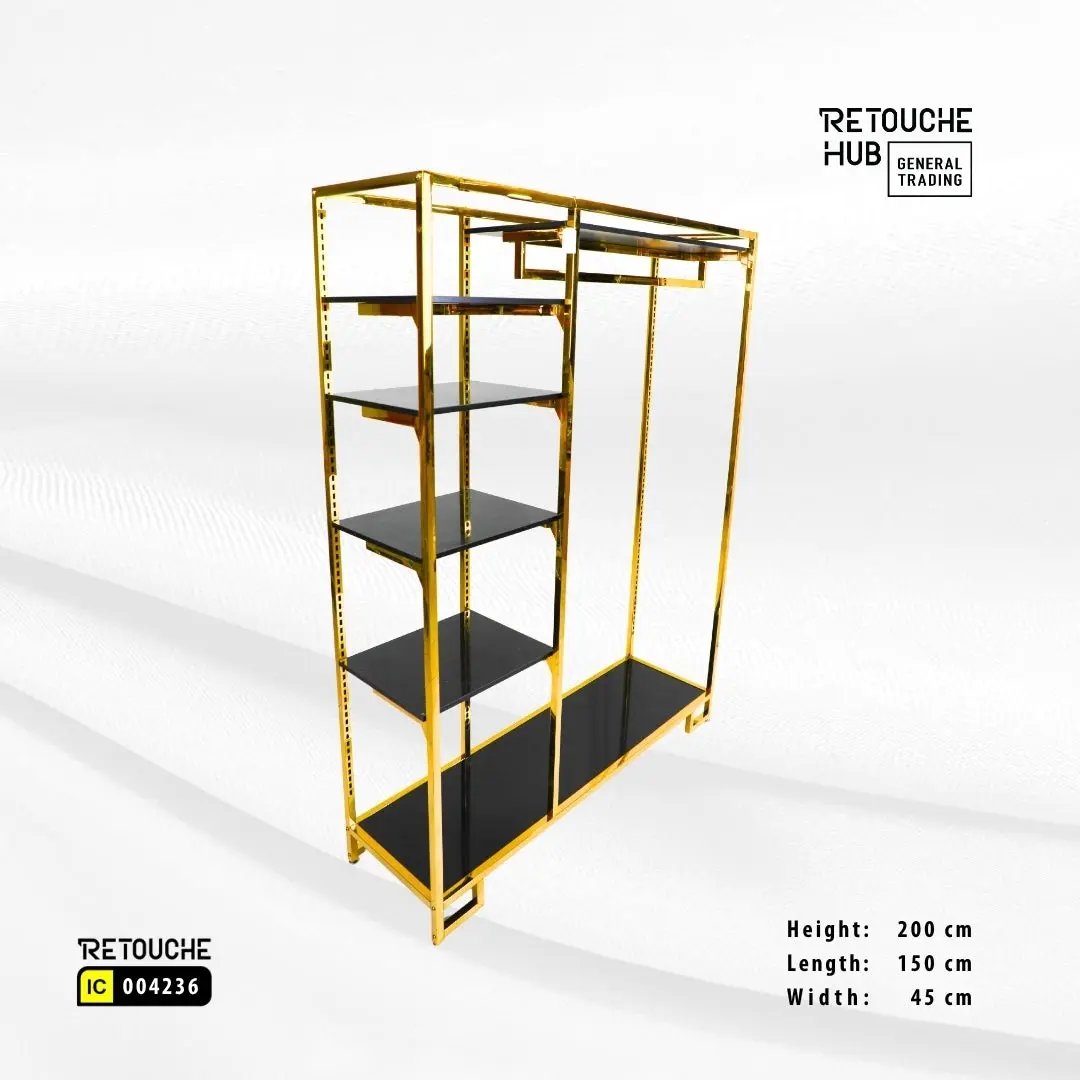 Clothes Stand | Gold Metal Stand With Hanging Bar With  Black Shelf | Modern & Durable Retouche Hub General Trading L.L.C