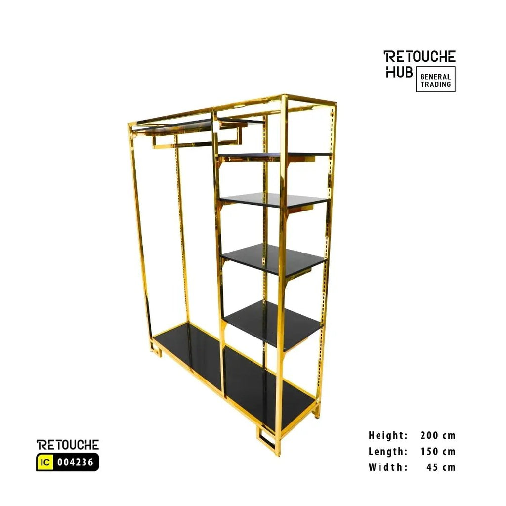 Clothes Stand | Gold Metal Stand With Hanging Bar With  Black Shelf | Modern & Durable Retouche Hub General Trading L.L.C