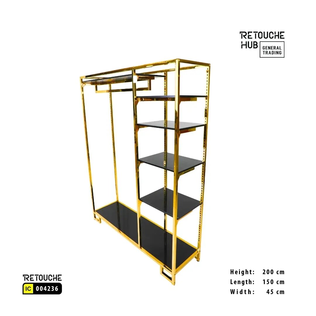 Clothes Stand | Gold Metal Stand With Hanging Bar With  Black Shelf | Modern & Durable Retouche Hub General Trading L.L.C