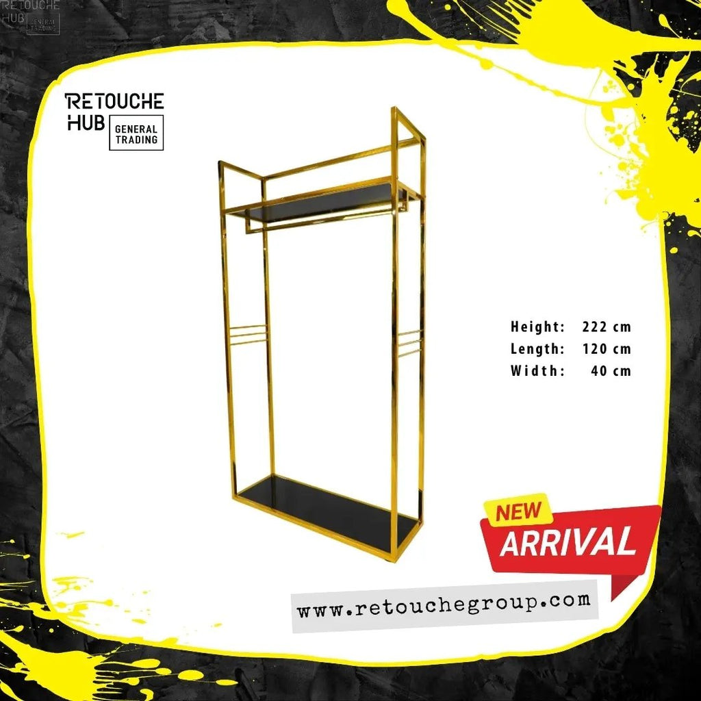 Clothes Stand | Gold Metal with Black Shelf | Modern & Durable Retouche Hub General Trading L.L.C