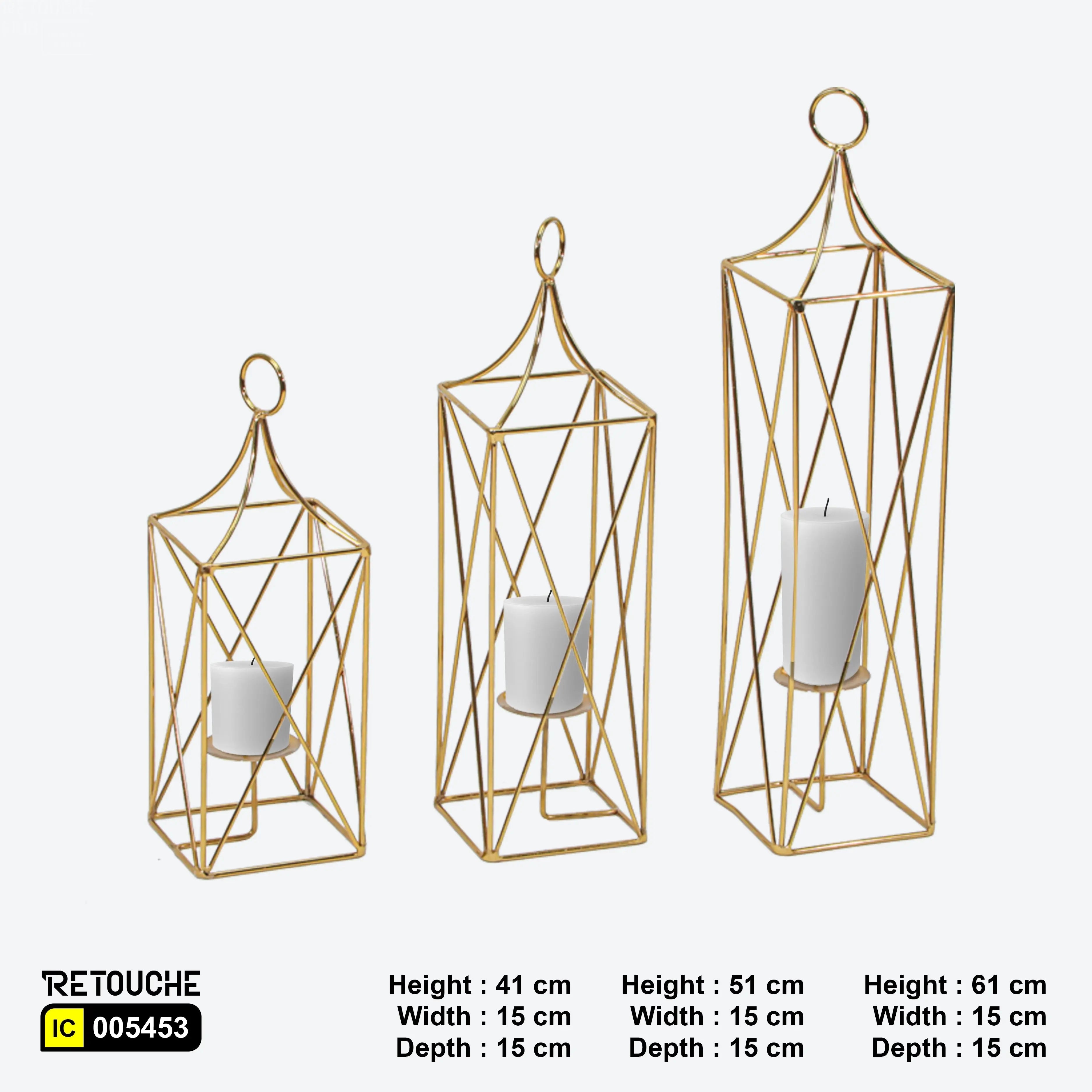 Decorative lantern set, Gold metal candle lanterns, Indoor and outdoor lanterns, Elegant home décor accents, Lanterns with candle holders
Modern decorative lantern set, Durable metal lanterns, Tabletop and hanging lanterns, Set of 3 gold lanterns, Stylish candle lanterns