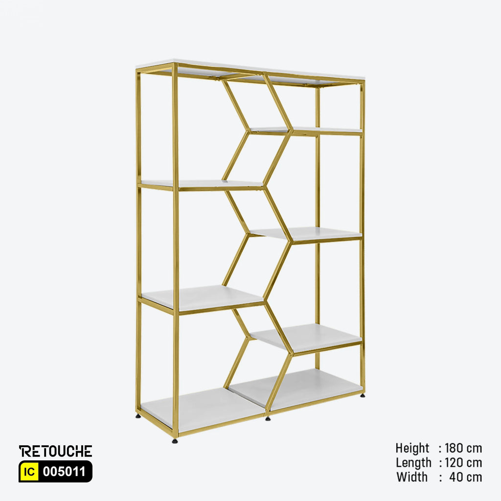 Display Shelving Rack, White MDF Shelves, Gold Stainless Steel Shelving Systems