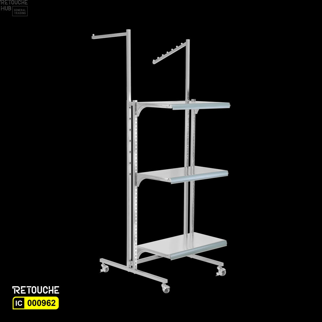 Display Stand, 3 Shelves, 2 Arms, Adjustable, Metal, Chrome Plated, with Wheels Shelving Systems