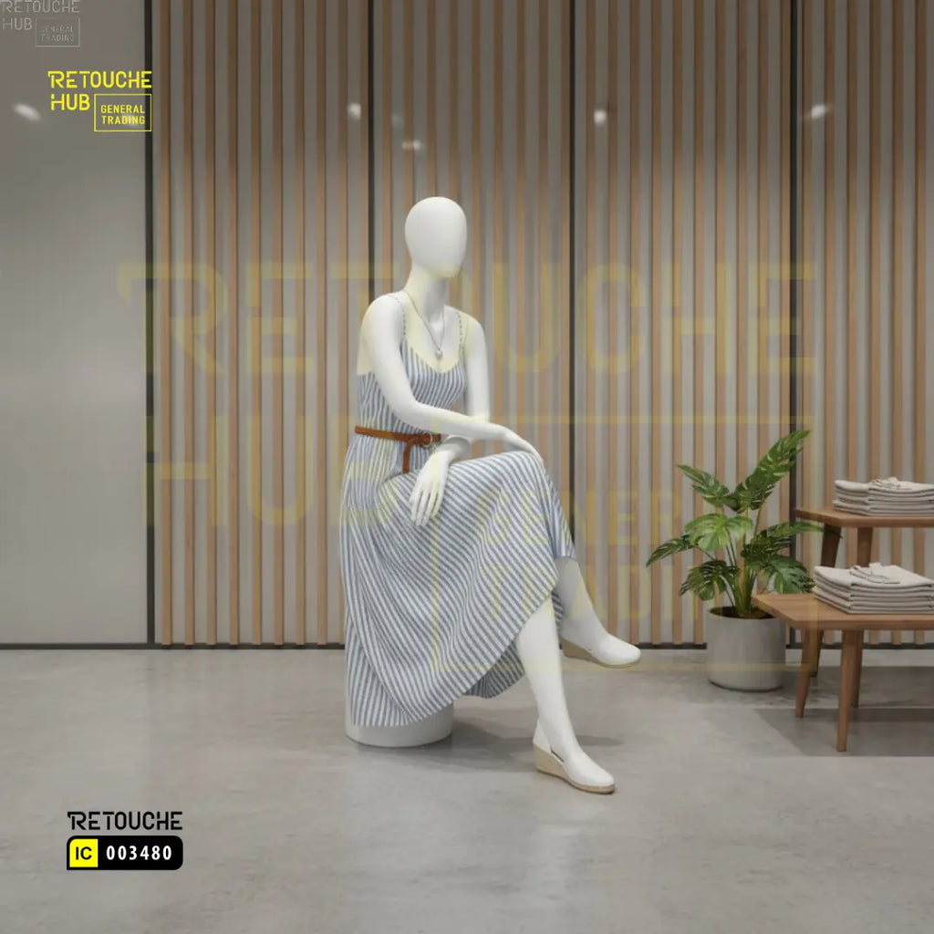 Fiberglass Female Seated Mannequin | Crossed-leg Pose | Egg Face Retouche Hub General Trading L.L.C