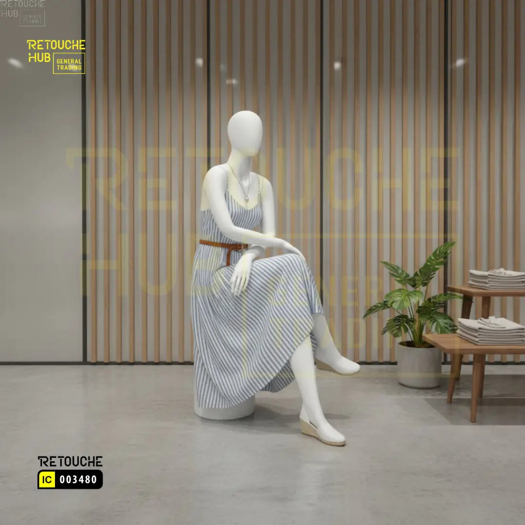 Fiberglass Female Seated Mannequin | Crossed-leg Pose | Egg Face Retouche Hub General Trading L.L.C