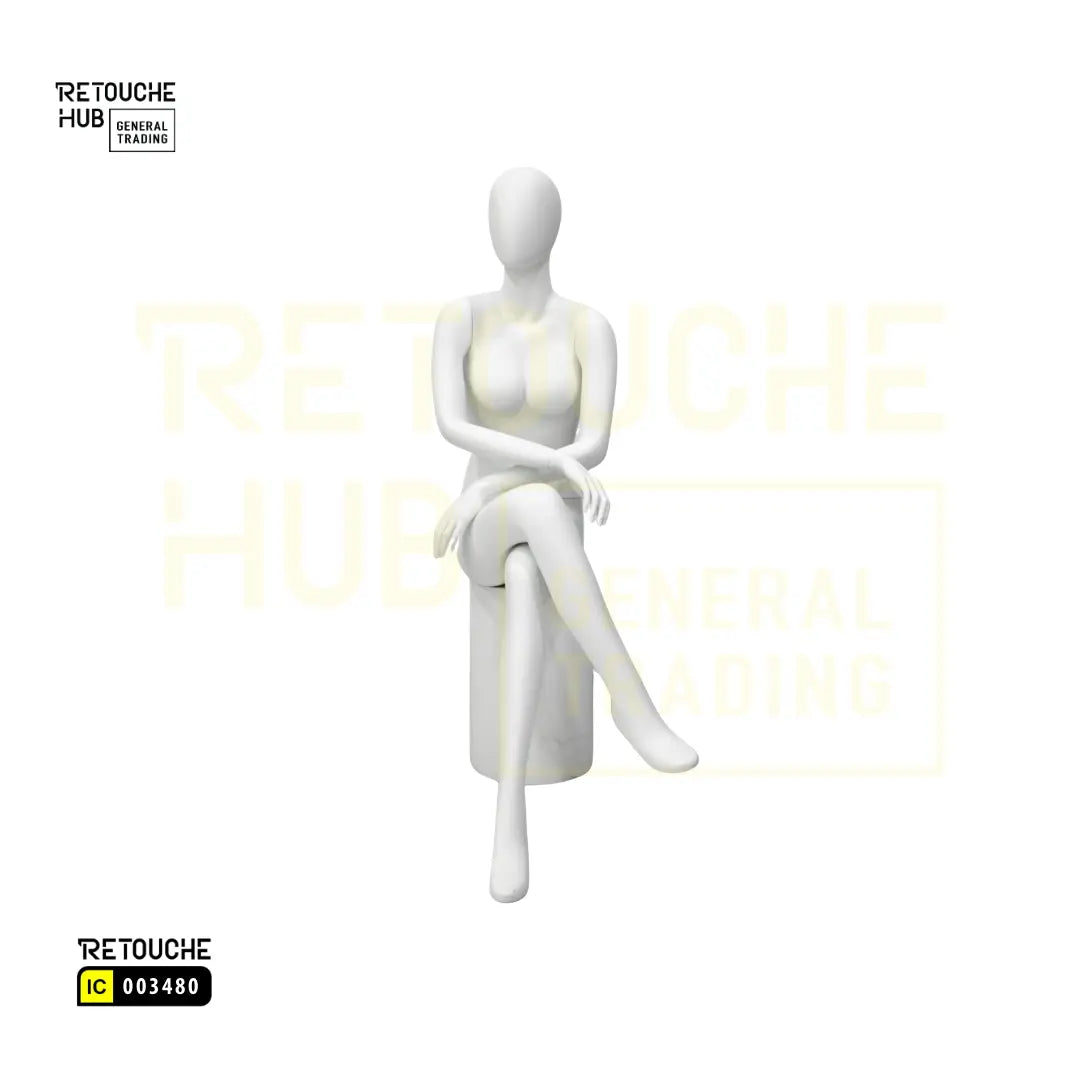 Fiberglass Female Seated Mannequin | Crossed-leg Pose | Egg Face Retouche Hub General Trading L.L.C