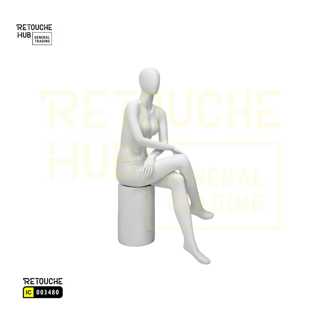 Fiberglass Female Seated Mannequin | Crossed-leg Pose | Egg Face Retouche Hub General Trading L.L.C
