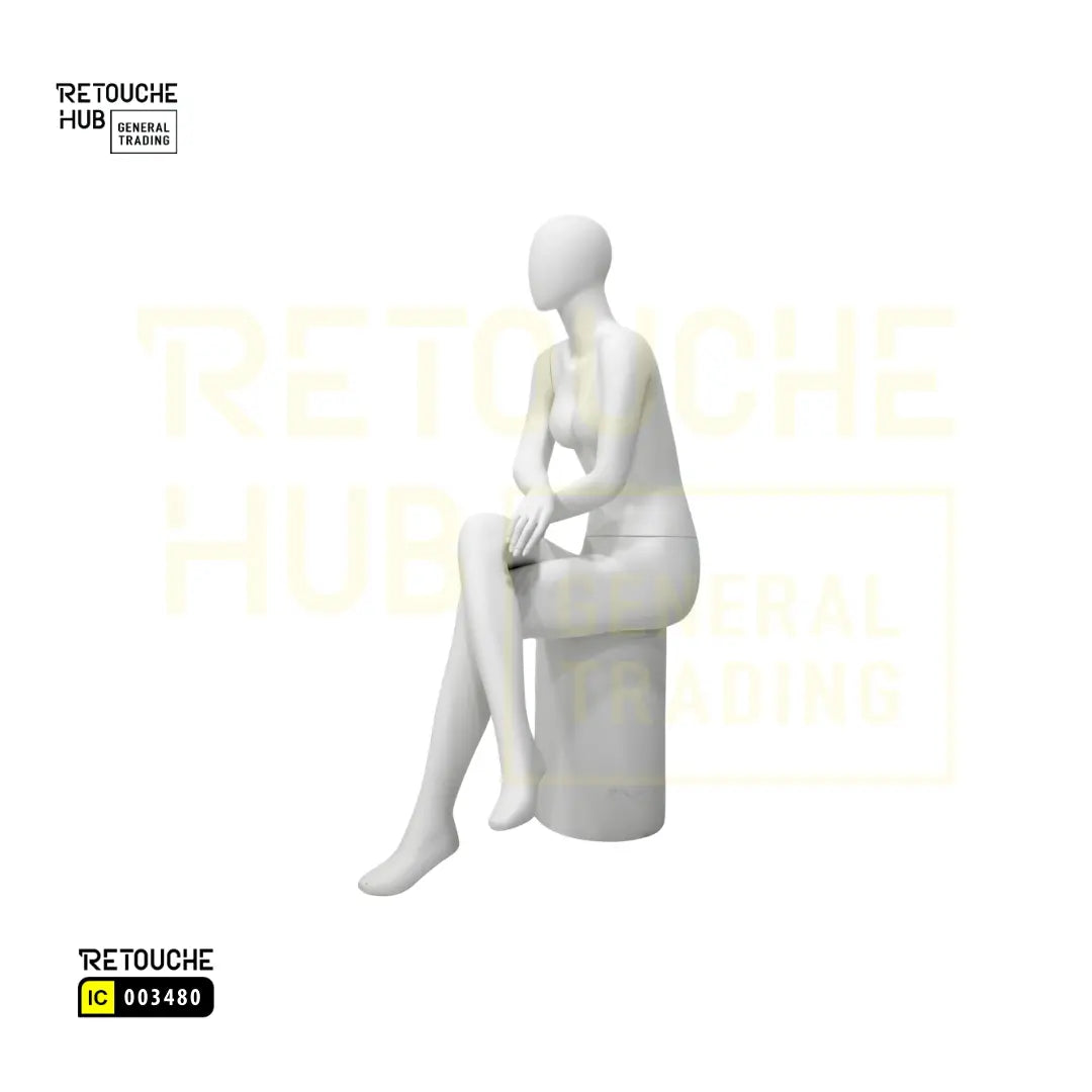 Fiberglass Female Seated Mannequin | Crossed-leg Pose | Egg Face Retouche Hub General Trading L.L.C