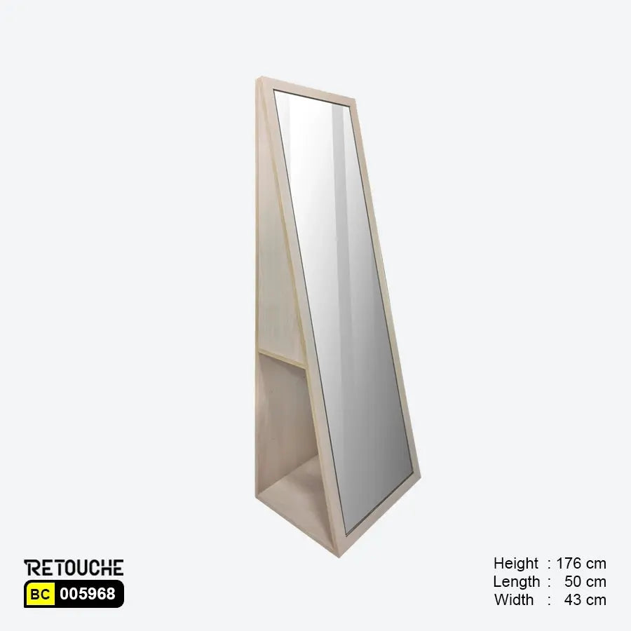 Floor Standing Mirror, Beige MDF Wood, with Bottom Storage Freestanding Stand