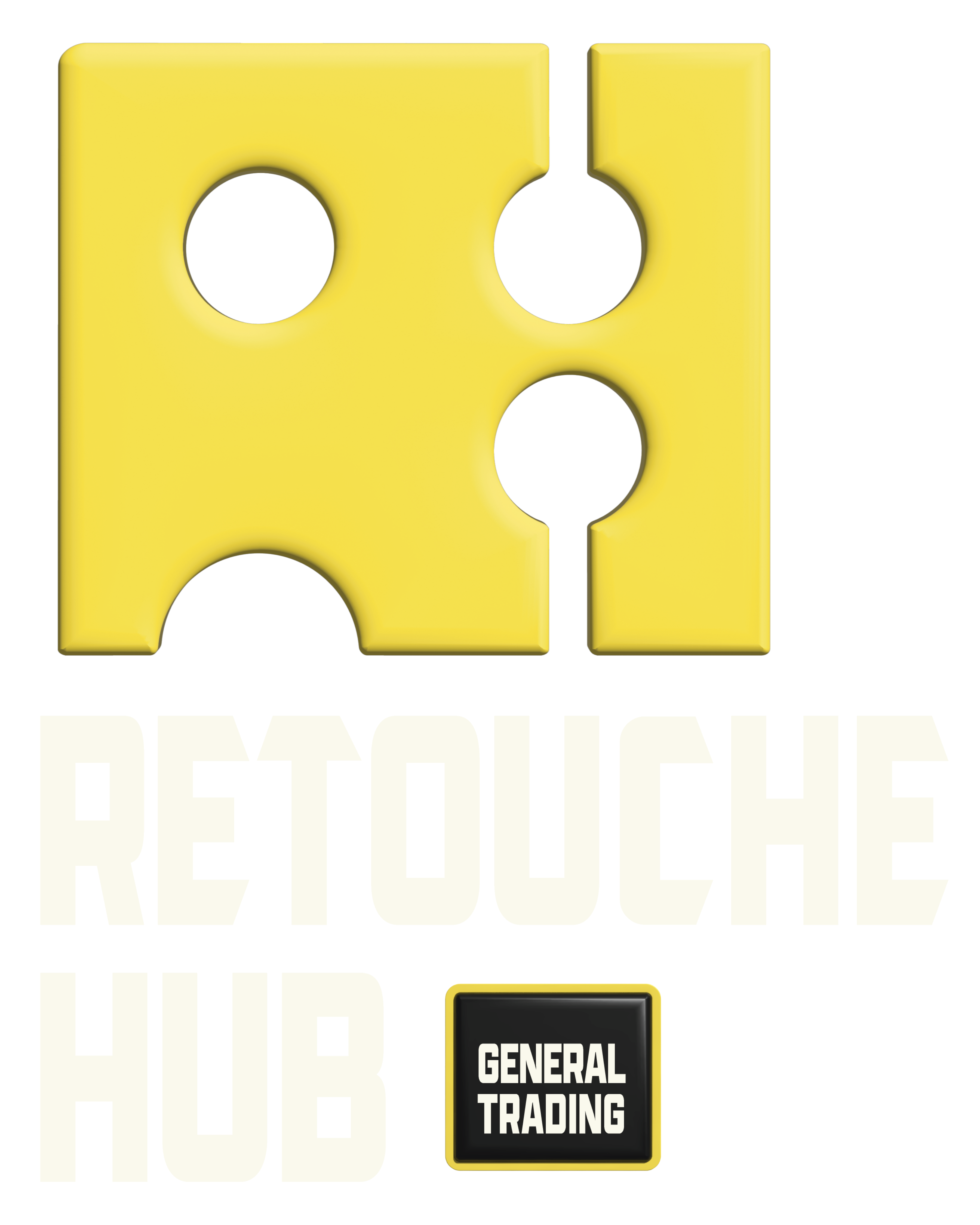 A yellow graphic resembling a Swiss cheese wedge with two circular holes and two keyhole-like cutouts, positioned above the text 'RETOUCHE HUB' in pale letters and a small black square logo reading 'GENERAL TRADING' with a yellow border.