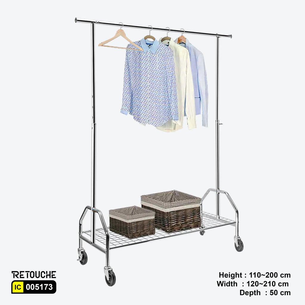 Garment Clothes Rack Stand, Adjustable, Full Chrom, Wheels & Bottom Grid Shelf Clothes Stands